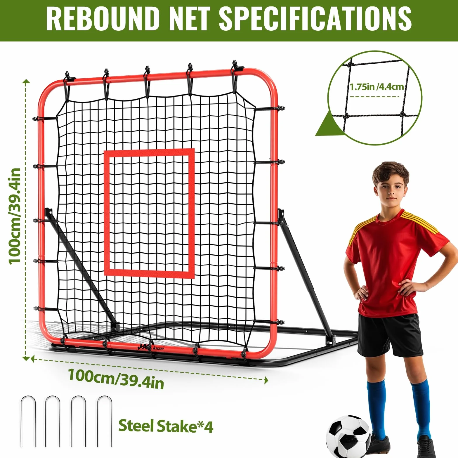 JASCOPRO Rete rimbalzante per calcio, rete rimbalzante regolabile in 18 posizioni per calcio, baseball, basket, rugby