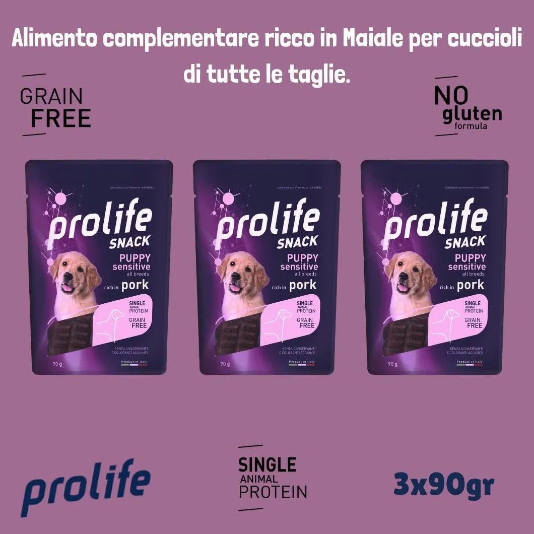 Prolife Snack Cane Puppy Sensitive gusto MAIALE, snack per cani cuccioli di tutte le taglie senza conservanti e senza cereali, grainfree, monoproteico | 3 bustine da 90 grammi l’una.