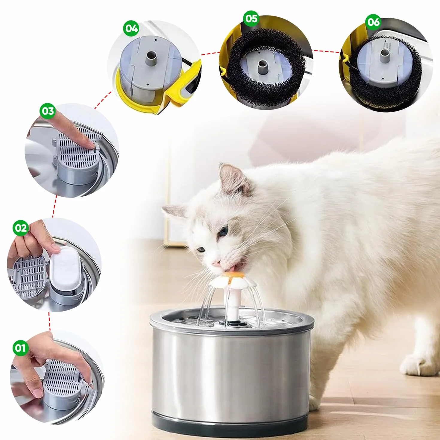 20 Pezzi Filtri Fontanella per Gatti, Incluso 10 Pezzi di Filtro a Carbone e 10 Pezzi di Spugna in Schiuma, Per un'ampia Gamma di Fontanelle per Gatti in Acciaio Inossidabile