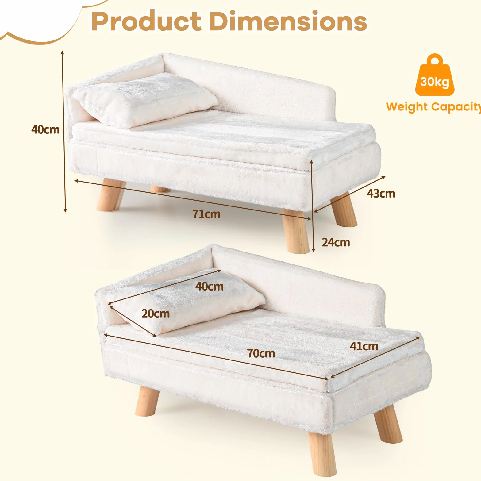 SOARS Divano per Cani con Schienale, Cuscino e Gambe in Legno, Letto per Cani di Media Taglia, Cuccia Rialzata, Divanetto per Animali Domestici, 71 x 43 x 40 cm, Beige