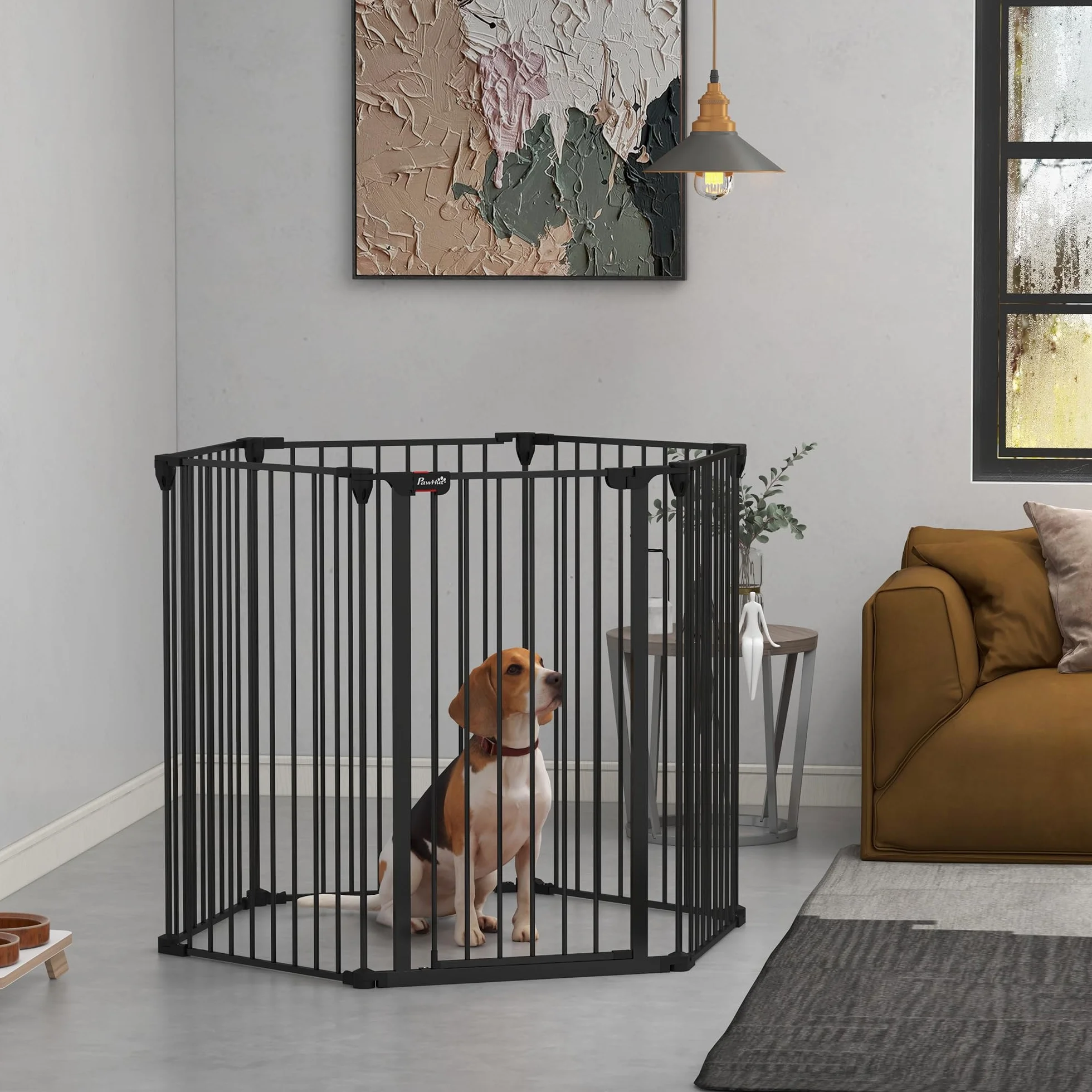 PawHut Cancellino per Cani Taglia Media Pieghevole con Doppia Chiusura di Sicurezza, Cancelletto di Sicurezza Modulabile in Metallo e Plastica, 123x102x100 cm, Nero