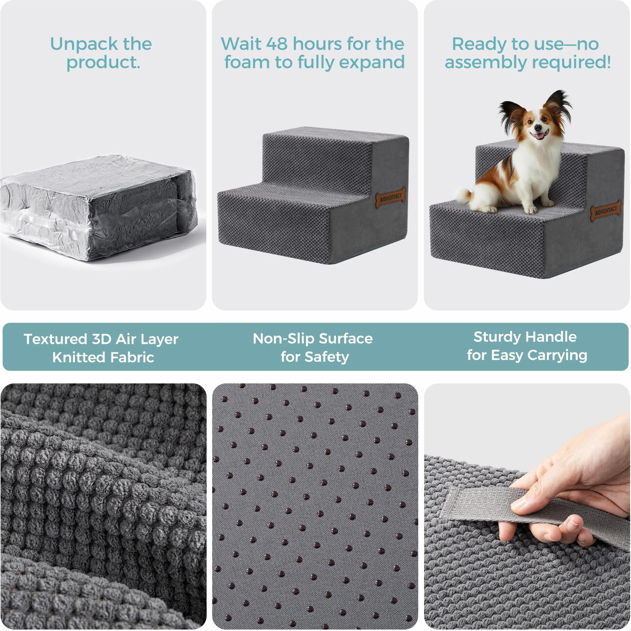 Scaletta per Cani Rampa per Letto 33-61 cm Scala Rimovibile Schiuma 40D Antiscivolo Grigio
