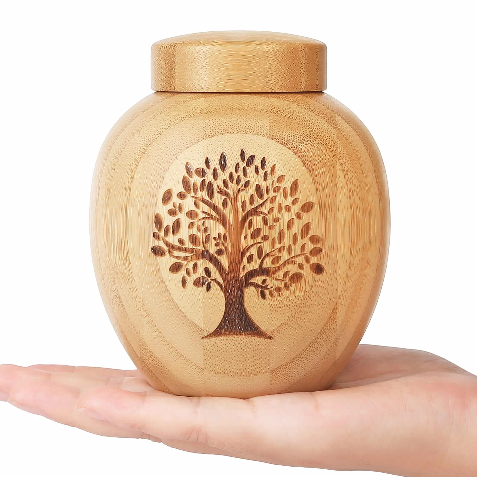 Piccole urne per cenere umana o animale domestico, in bambù, piccole urne souvenir con albero della vita, incise, piccole urne per cani e gatti