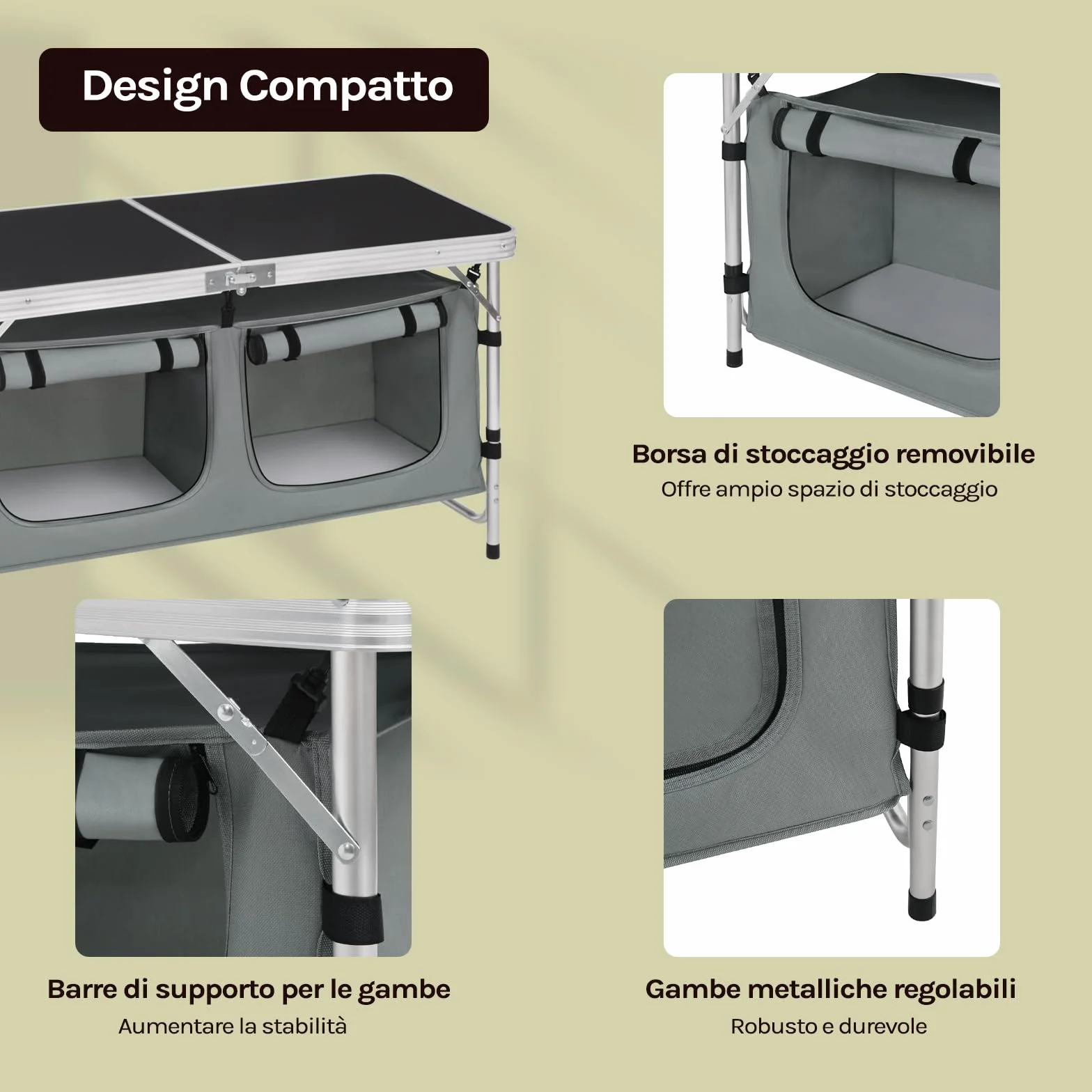 WOLTU Tavolo da Picnic Pieghevole, Mobile Cucina da Campeggio, MDF e Alluminio, 120 x 47 x 62/69.5 cm