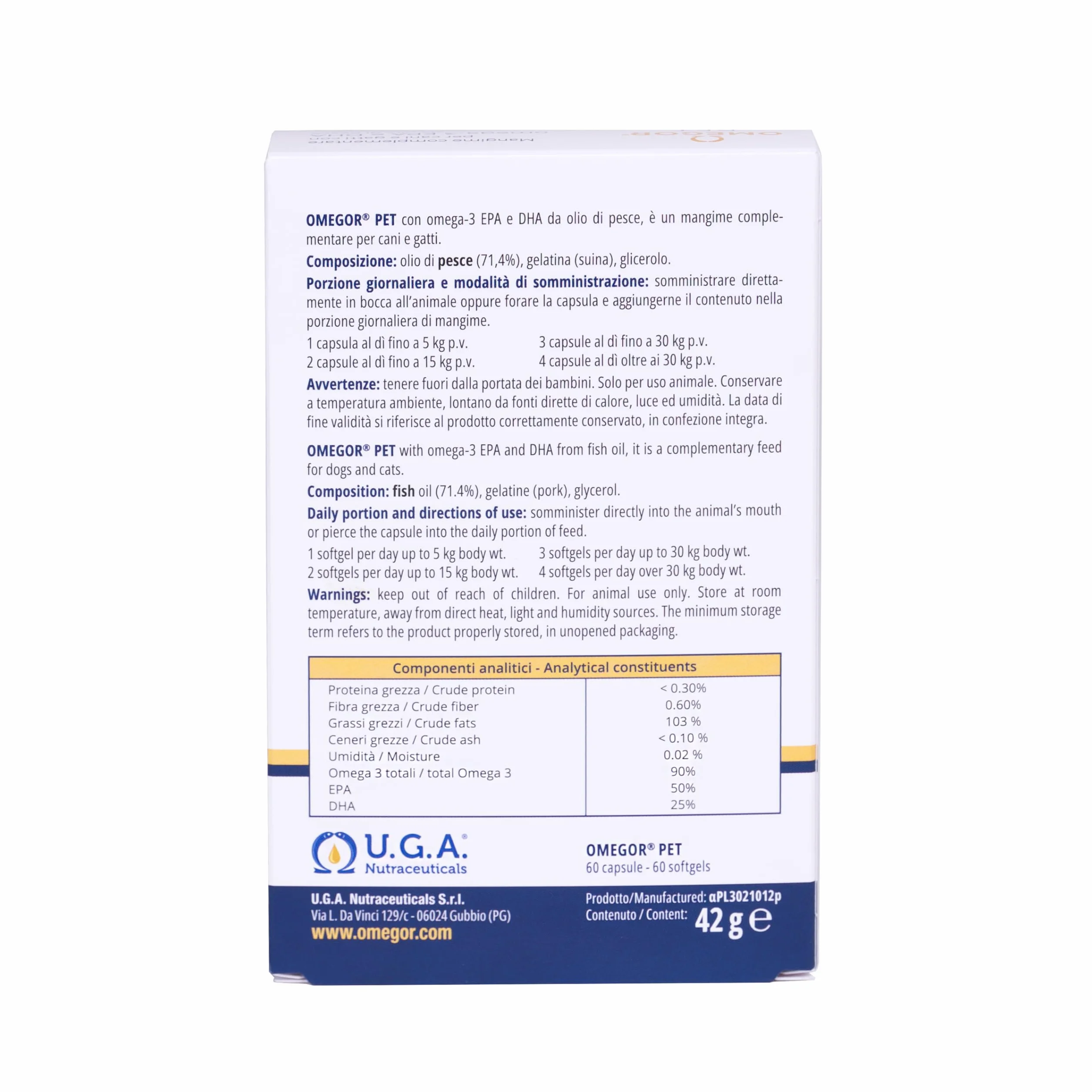 OMEGOR Pet Omega 3 per Cani e Gatti con EPA e DHA da Olio di Pesce Purificato - 60 Capsule di Omega3 IFOS Certificato per la Salute del Pelo e delle Articolazioni del tuo Pet