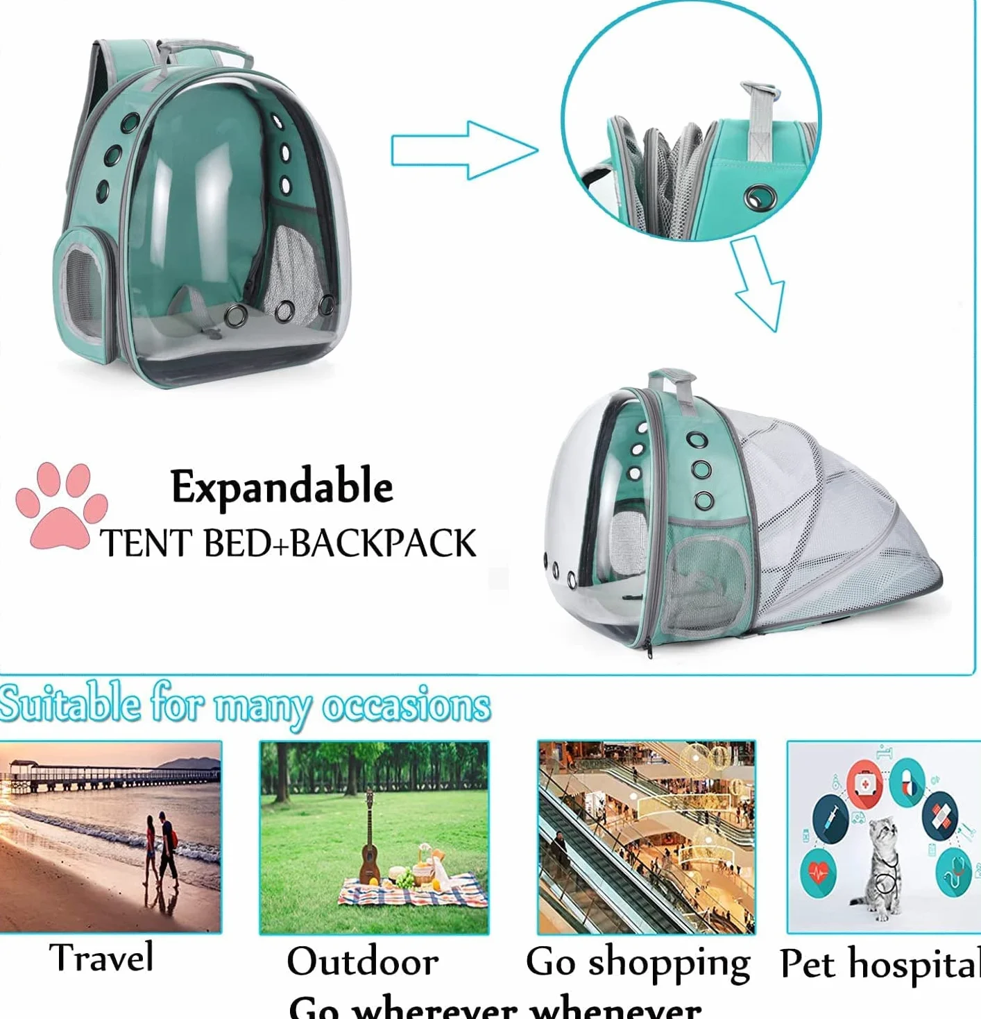 Zaino per Cani Gatti Estensibile, Zaino portatile per cani e gatti con finestra frontale trasparente e Retro espandibile, Zaino Capsula Spaziale ideale per Viaggo (Green, Behind Expand)