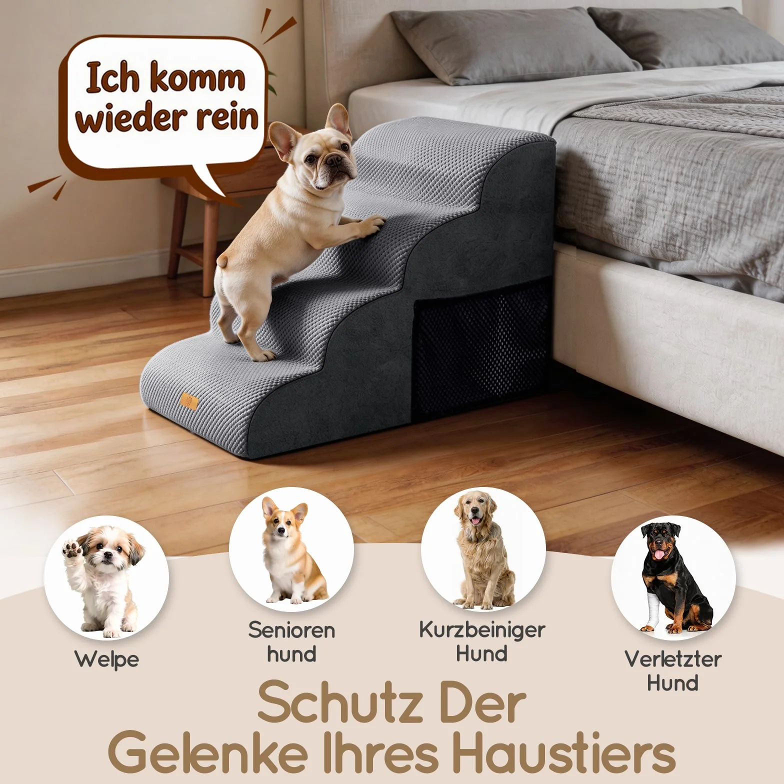 Rampa per Cani 4 Gradini, Scala in Schiuma ad Alta Densità Antiscivolo, 73.7x40.6x50.8 cm, Grigio