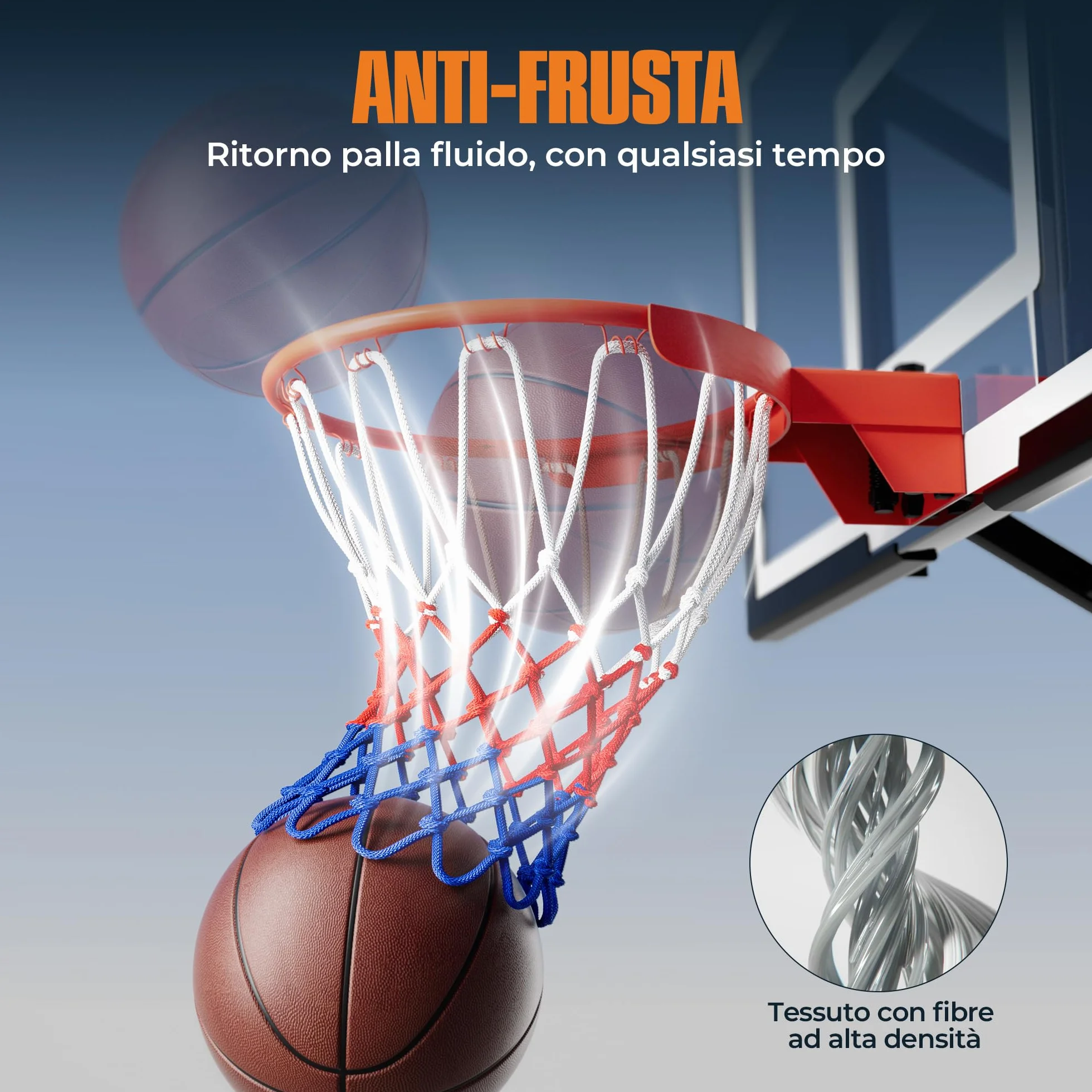 Rete per Basket Professionale 150g, Rete Resistente per Canestro Esterno, 12 Ganci, Bianco Rosso Blu
