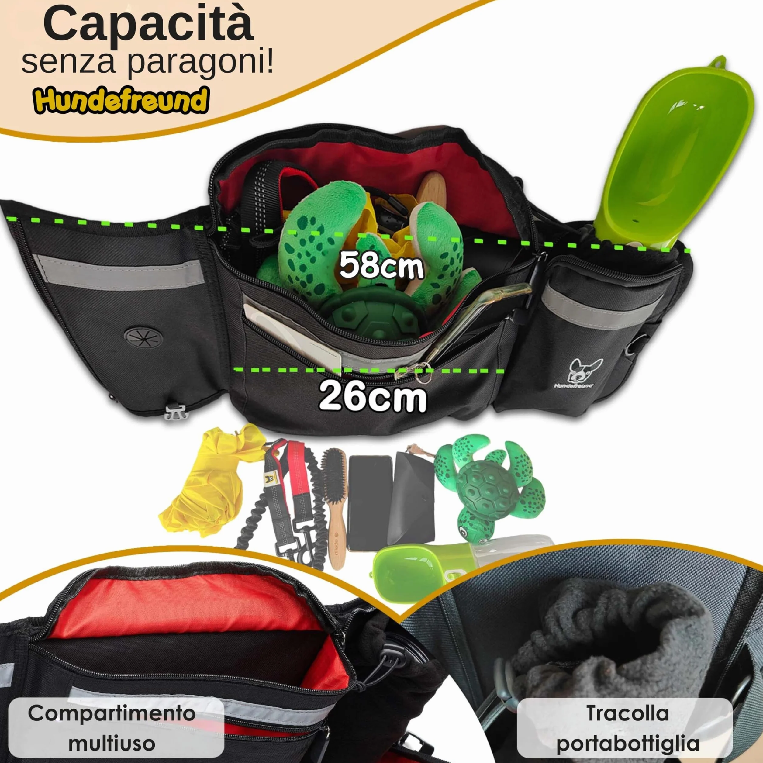 Hundefreund Borsa PortaSnack per Cani XXL - Tasca Ultra-Grande Riflettente con Cintura - Sacchetto di 58 cm per Passeggiate e Addestramento Canino