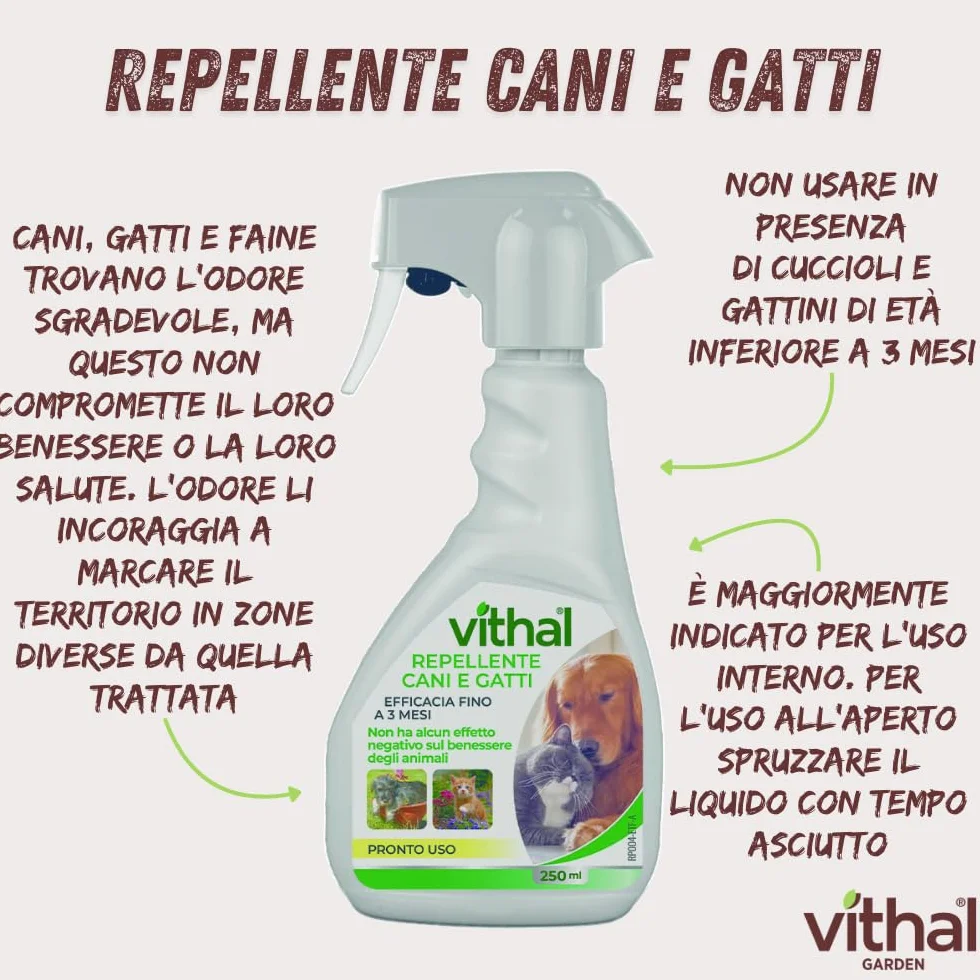 VITHAL Repellente Cane e Gatto Spray 250ml - Protezione Totale Per Interni Ed Esterni, Durata Fino a 3 Mesi, Spray Pronto All’Uso