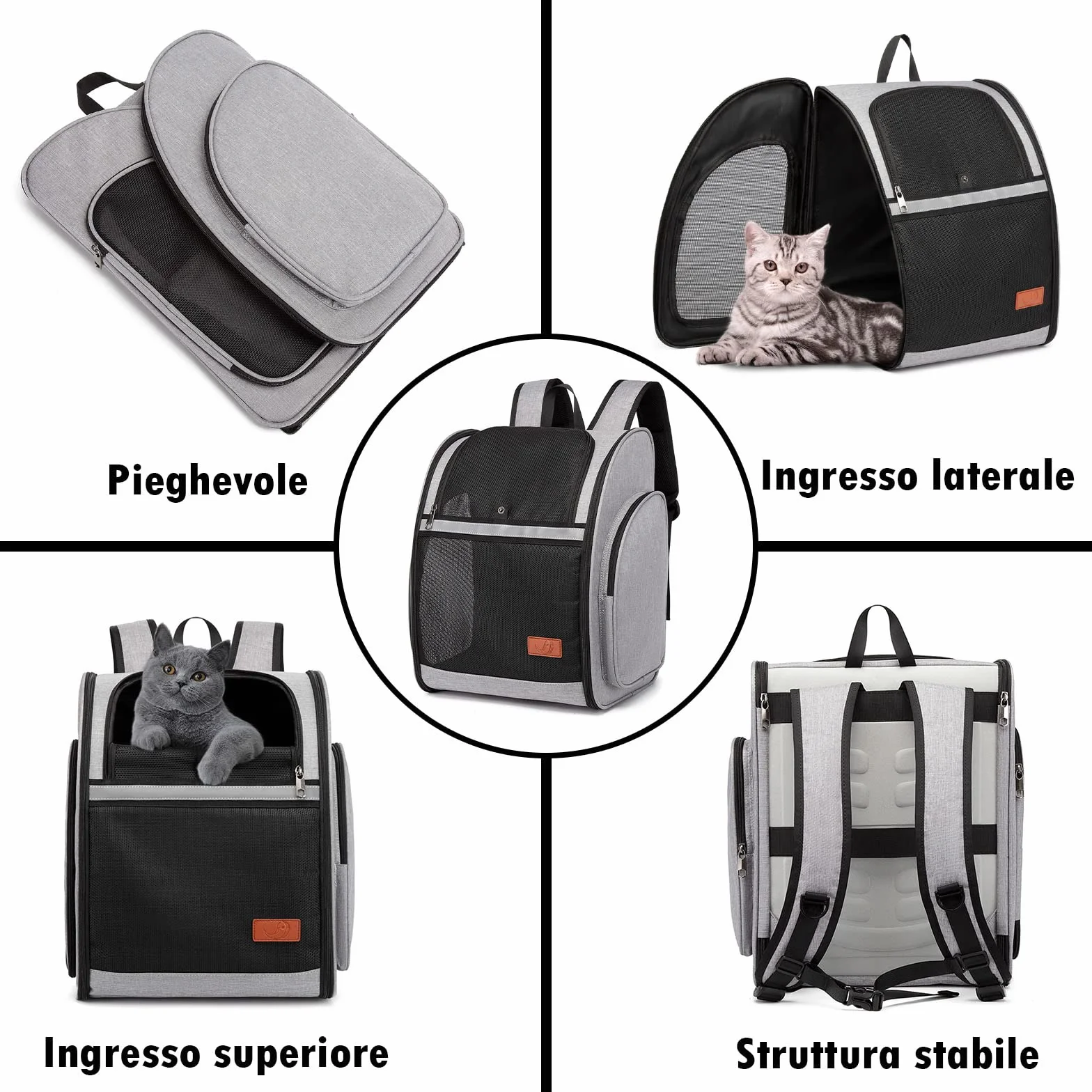Zaino Trasportino per Gatto Cani: Piccoli Animali Domestico Cane e Grande Gatti 10 KG Borsa Portatile Traspirante Pieghevole con Cinturino di Sicurezza Interno per Viaggo Campeggio - Grigio