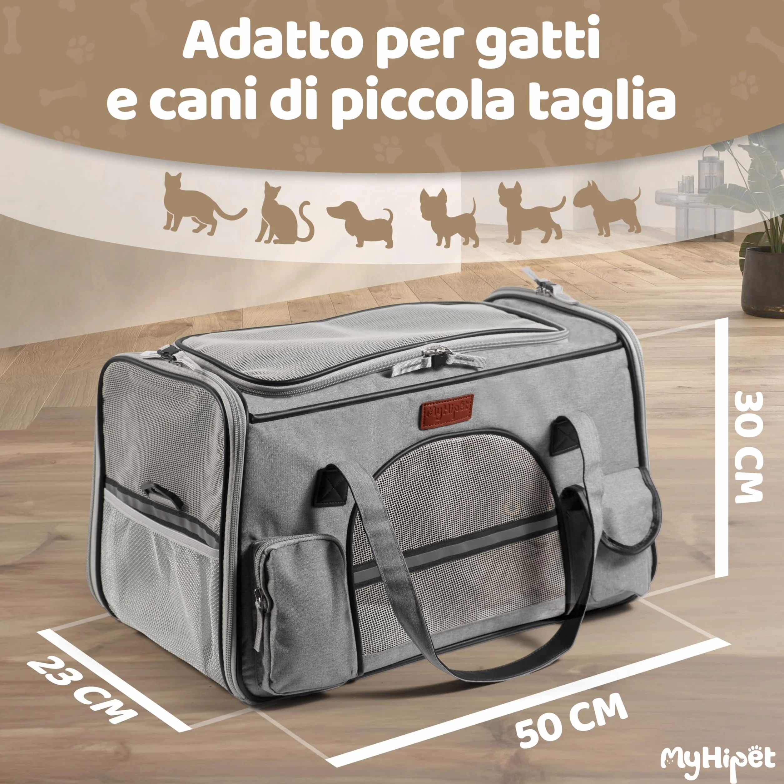 Trasportino per Gatti e Cani Grande in Oxford 300D - Trasportino per cani Auto Ideale anche per Viaggi Aerei - Misura 48x28x30 cm (Grigio)
