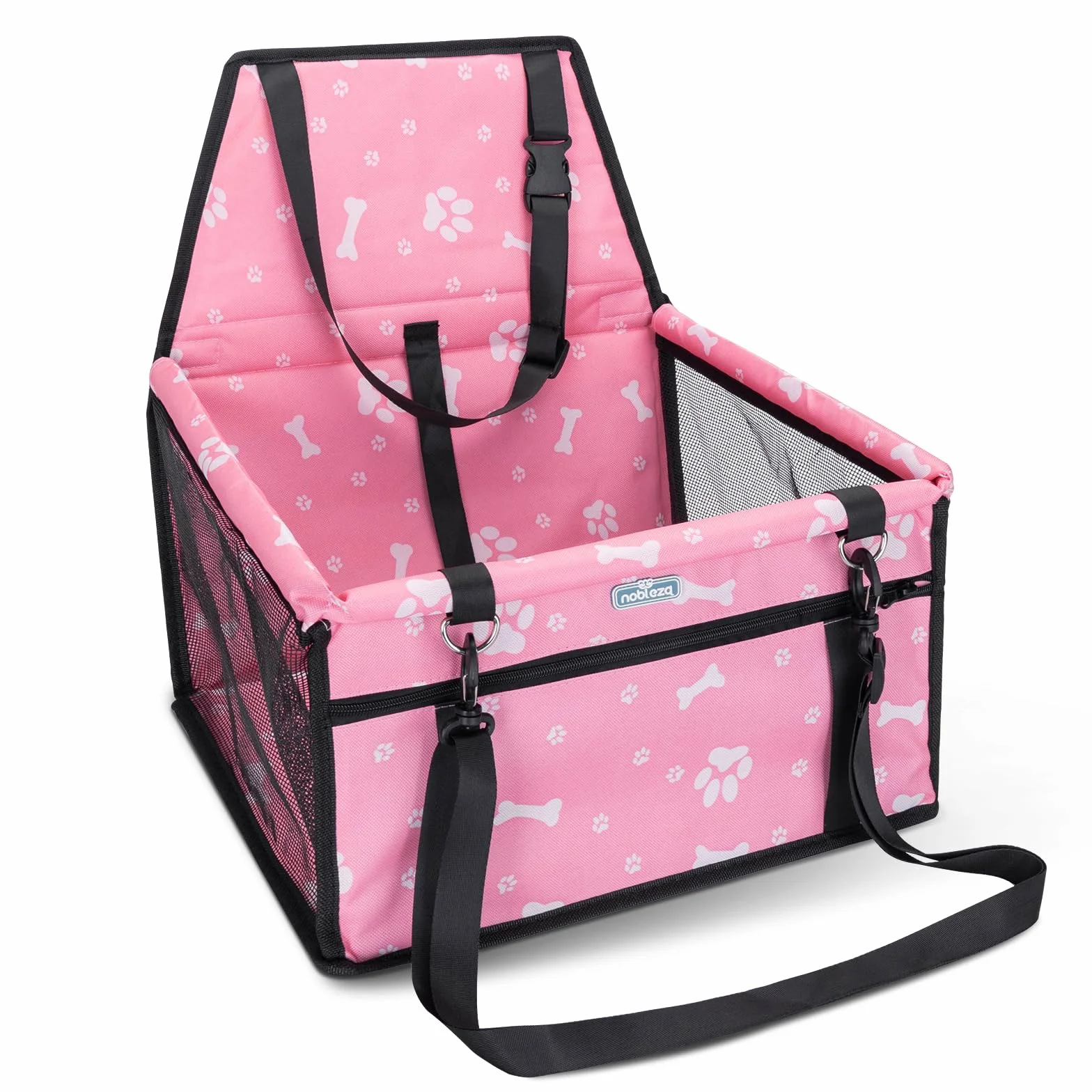 Nobleza Seggiolino Auto per Cani Piccola Taglia e Gatti, Trasportino Cane Auto con Tasca con Cerniera e Cintura di Sicurezza, Impermeabile e Pieghevole, Rete Traspirante, 40x34x25cm, Rosa