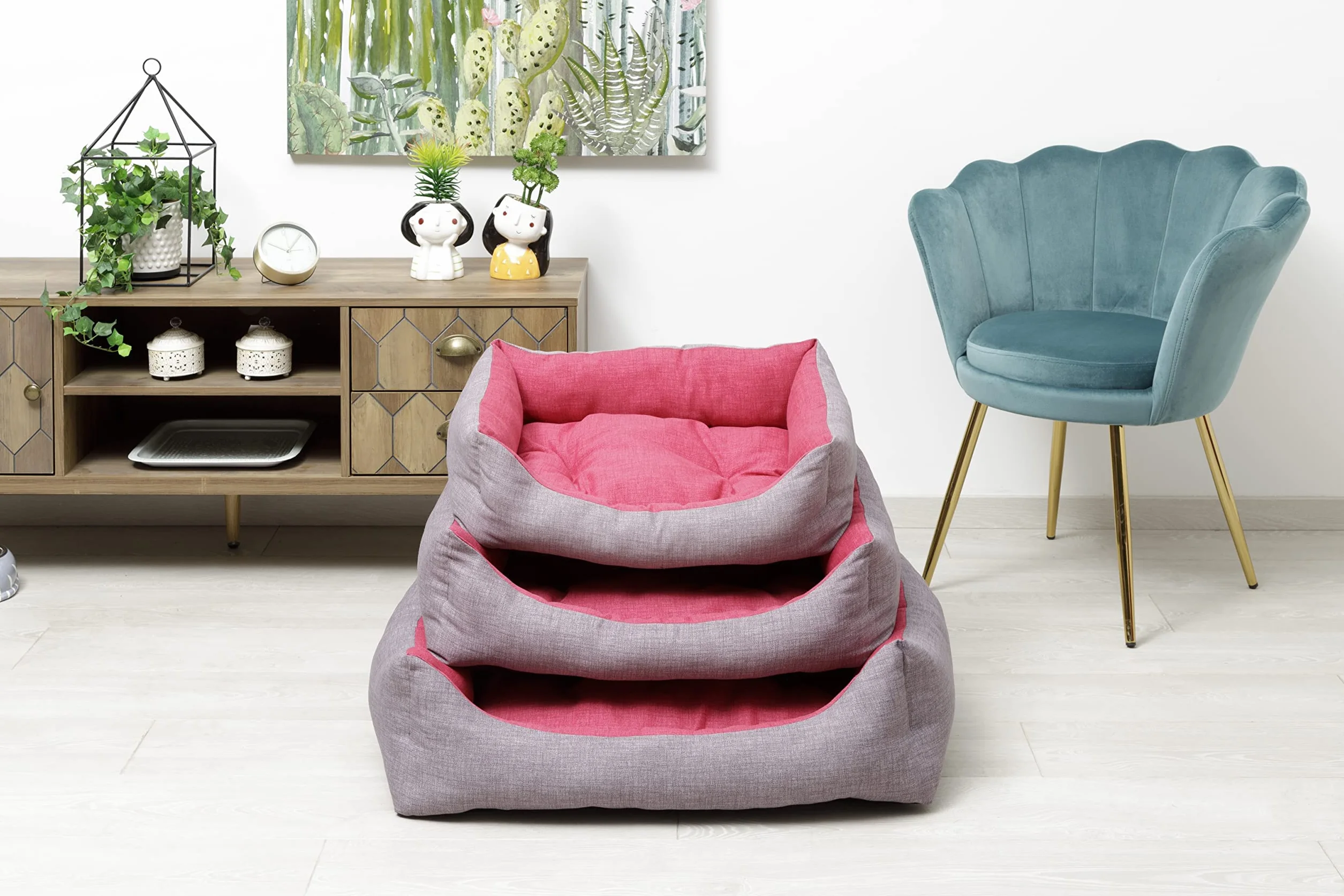 Baroni Home Cuccia per Cane in tessuto Grigio e Bordeaux Taglia S 45x60 cm, Morbido Divano Rettangolare, Lavabile