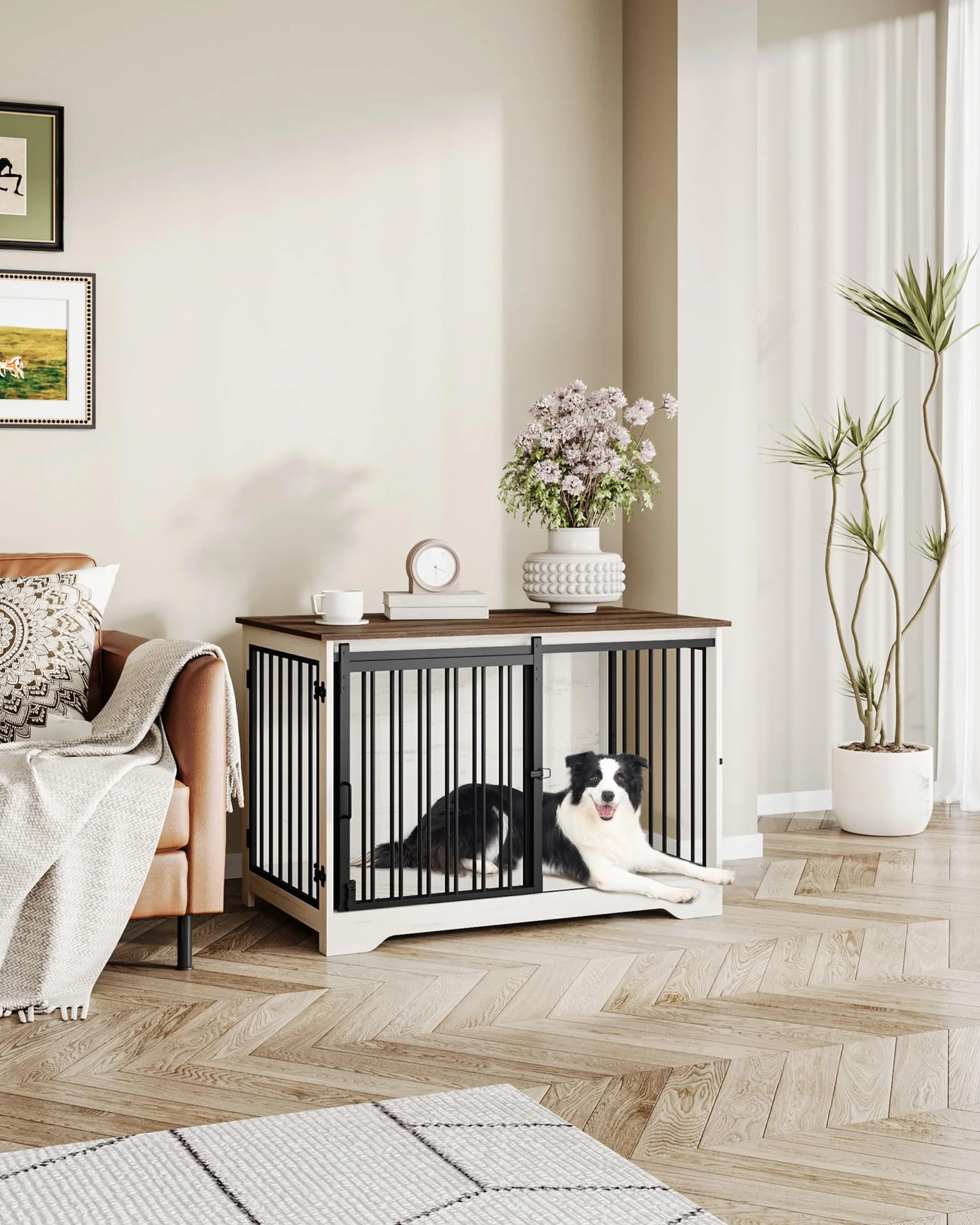 Hzuaneri 100cm Gabbia per Cani, Nicchia Moderna, 2 porte, 60 x 100 x 68 cm, Bianco e Marrone