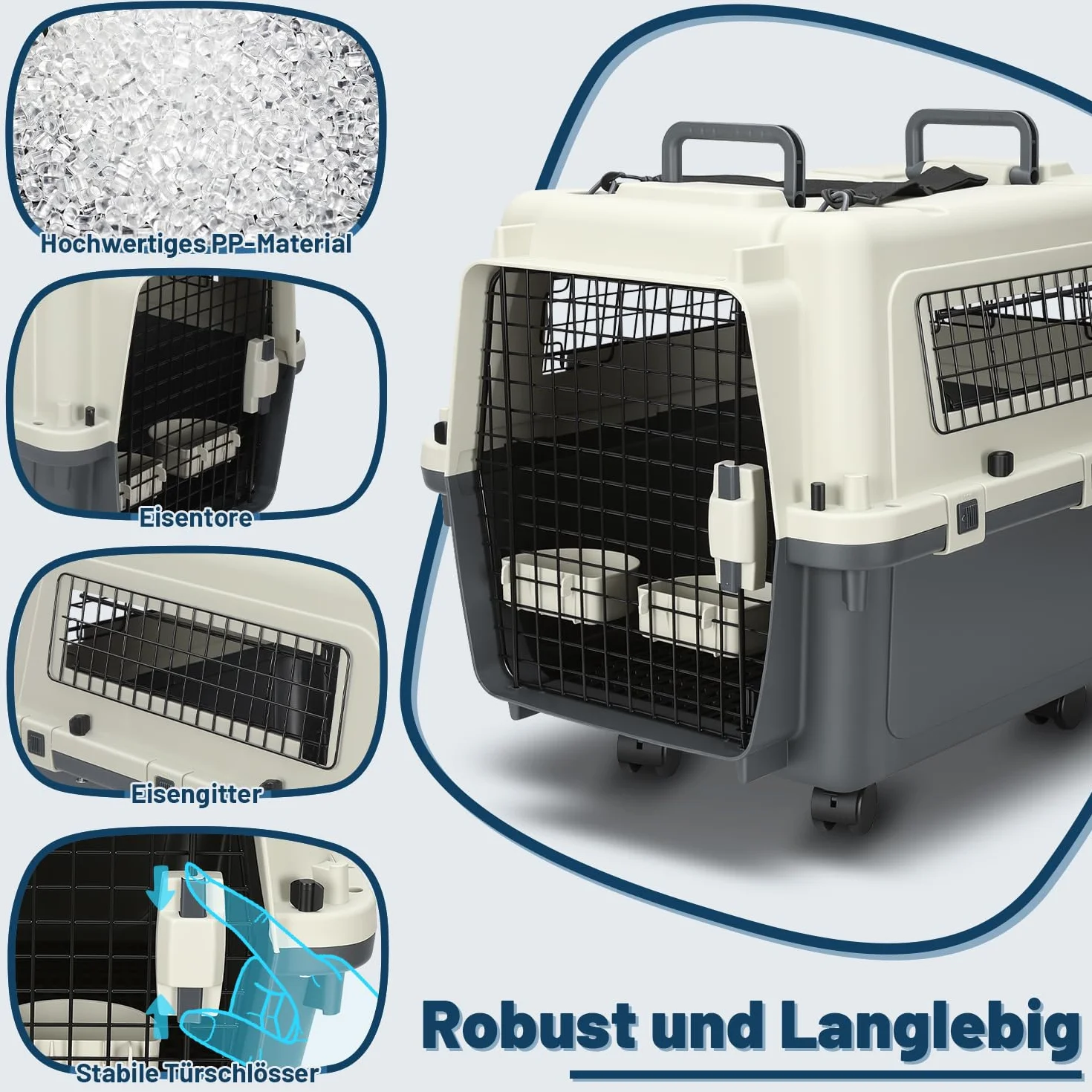 Trasportino per animali in PP con porta e finestra in metallo con maniglia e guinzaglio 67,3 * 54,9 * 51,5 cm con 4 ruote, trasportino per gatti e cani con ruota per gatti e ciotola per cibo