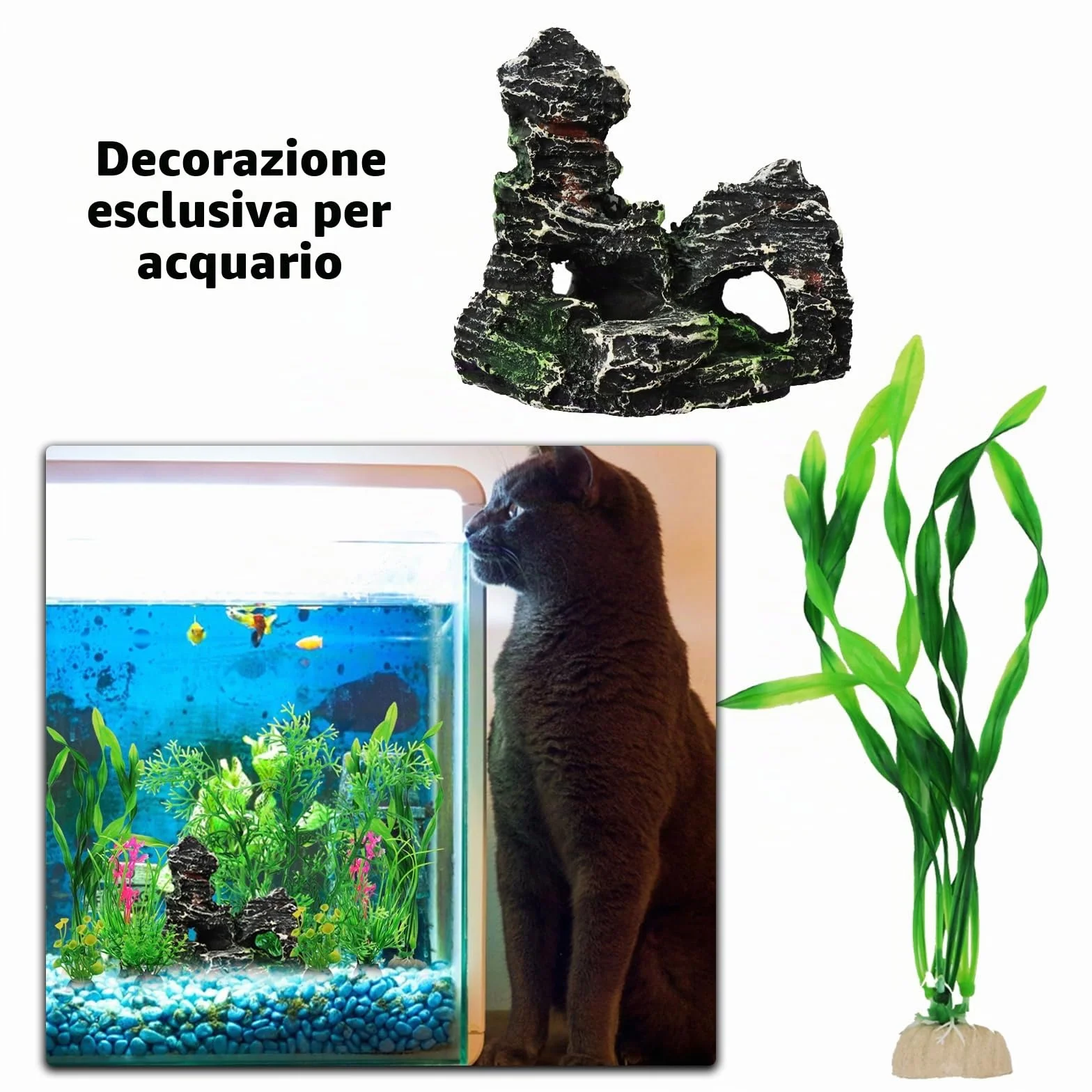 QUOZUO 9 Pezzi Decorazione Piante per Acquario, Piante in Plastica Verde con Resina, Grotta di Pesce e Accessori per Serbatoio