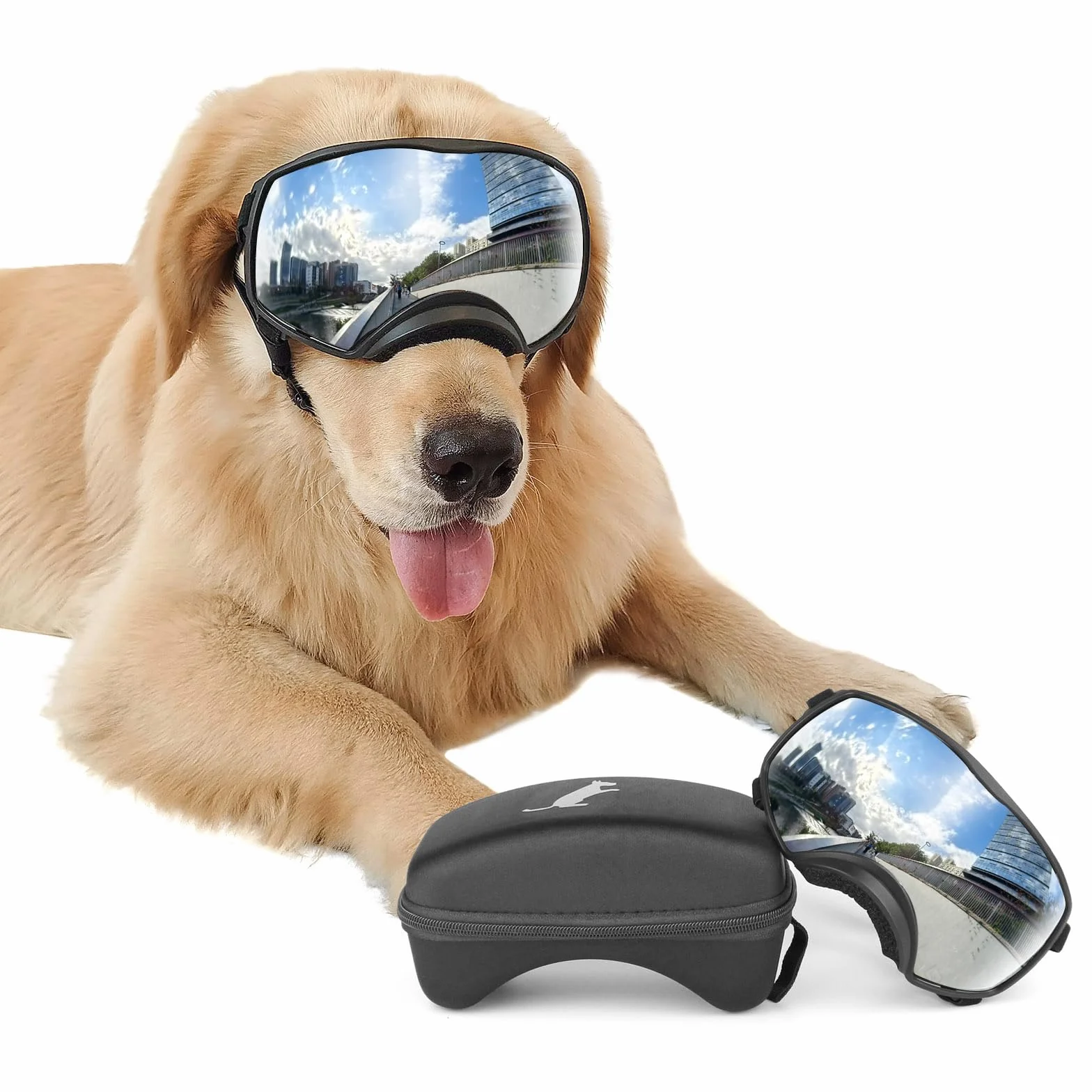 NAMSAN Occhiali da sole per cani con ampio campo visivo, protezione UV, occhiali da sole per cani di grossa taglia, proteggono gli occhi dei cani, con fascia regolabile e cuscinetti in spugna color