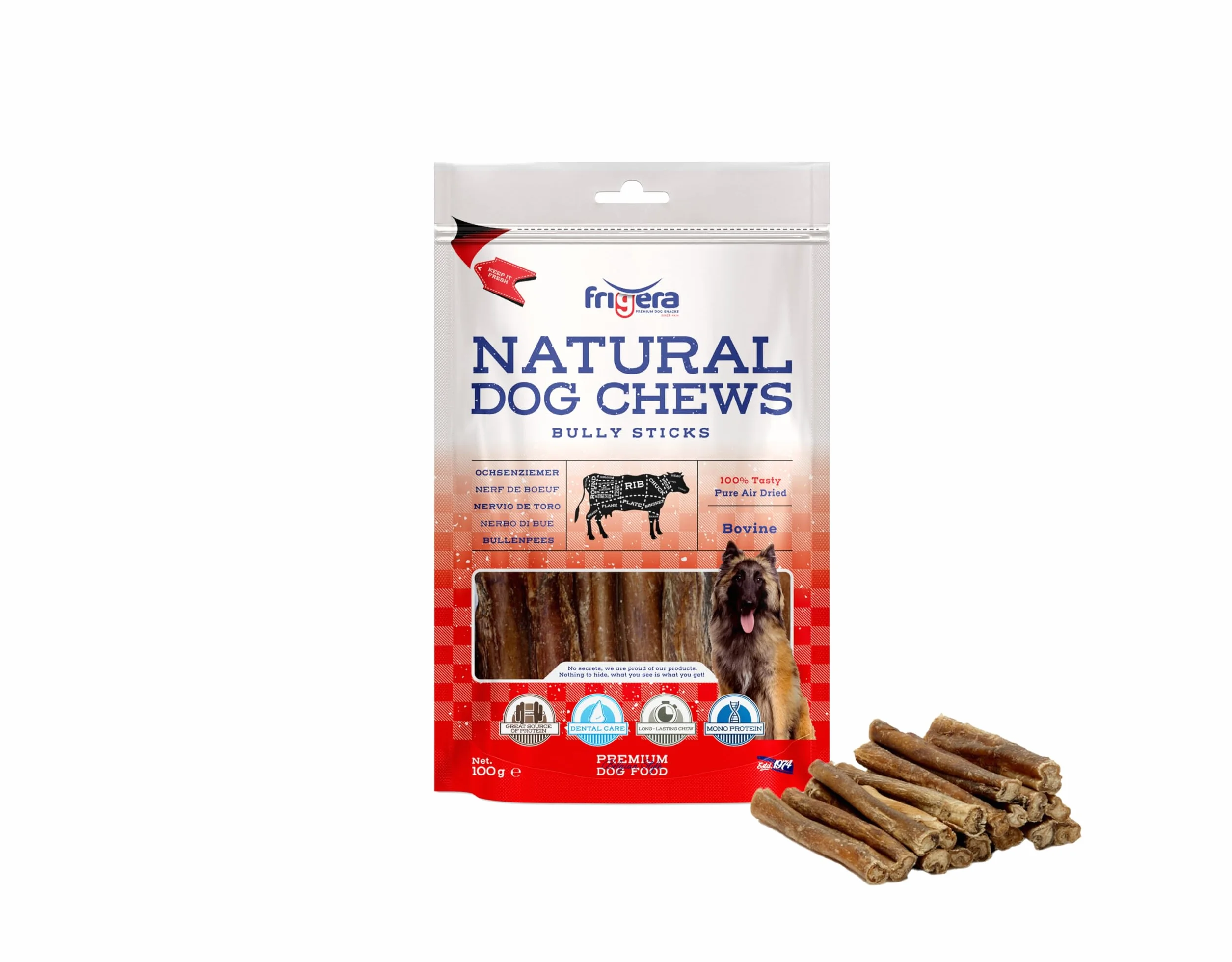 Frigera Cucciolo di bue, 12 cm, 100 g, naturale e ricco di proteine, per cani, senza glutine e cereali, snack per cani di alta qualità senza additivi