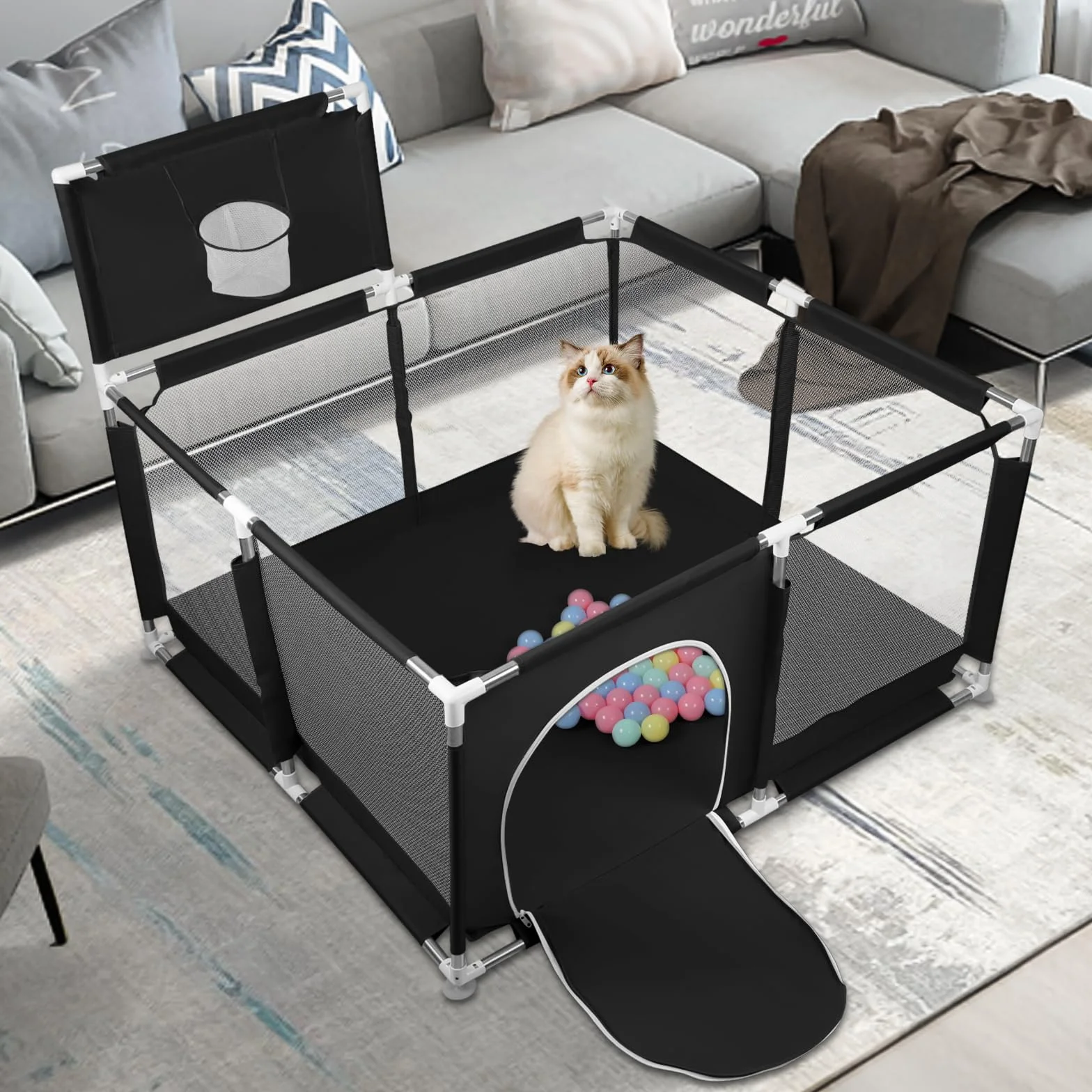 Parco per cuccioli con porta, parco per cuccioli o cani piccoli, recinzione solida in tessuto spesso e rete in nylon ad alta resistenza, lavabile in lavatrice, interno/esterno, 126 x 126 x 66 cm, nero