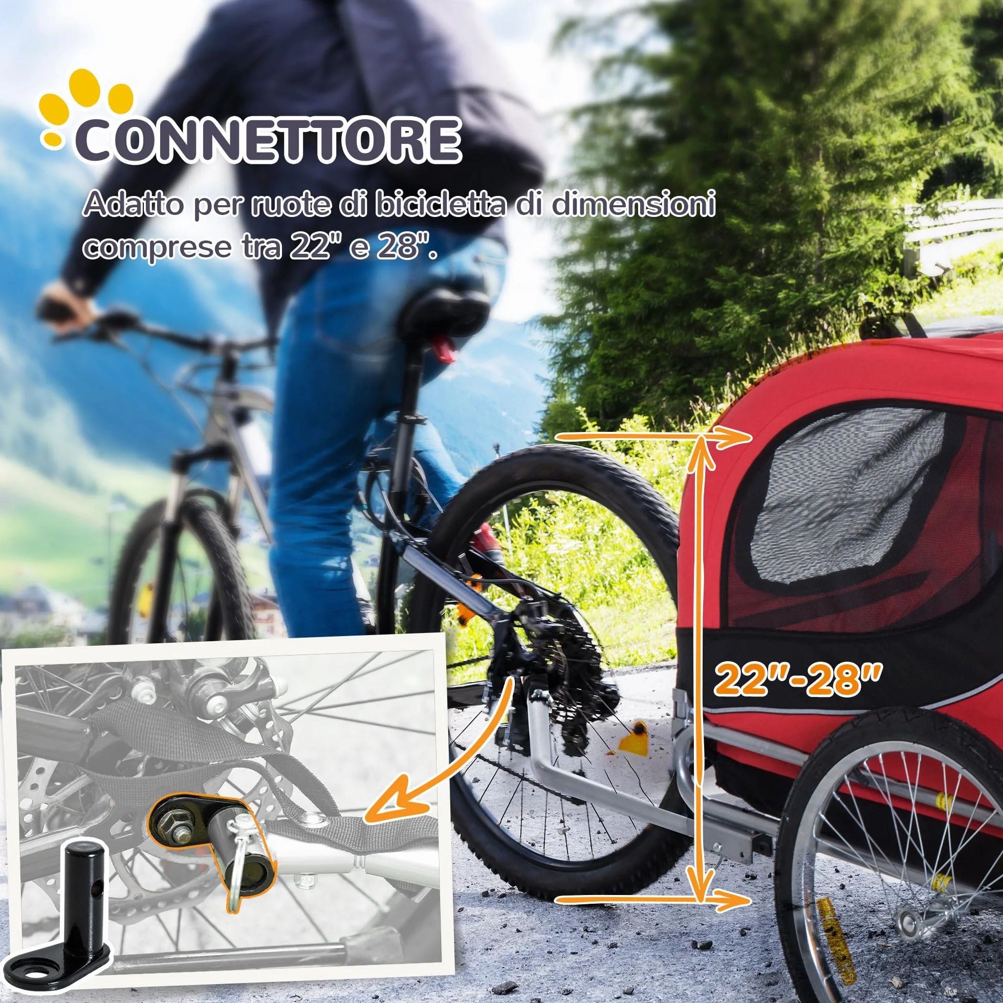 PawHut Carrellino Rimorchio per Cani Animali Domestici da Bicicletta 130 x 73 x 90cm Rosso e nero