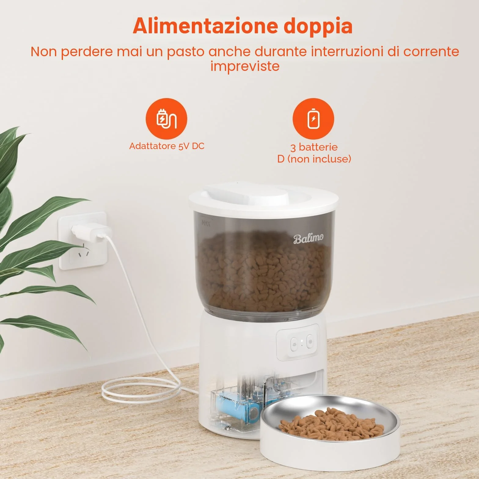 Balimo Distributore Automatico Cibo Gatti, 2.4G WiFi Dispenser Crocchette Gatto, 3L Distributore Automatico Cibo Cani, Adatto Controllo App, Da 1 a 10 Pasti al Giorno, Adatto Per Cani e Gatti, Bianco