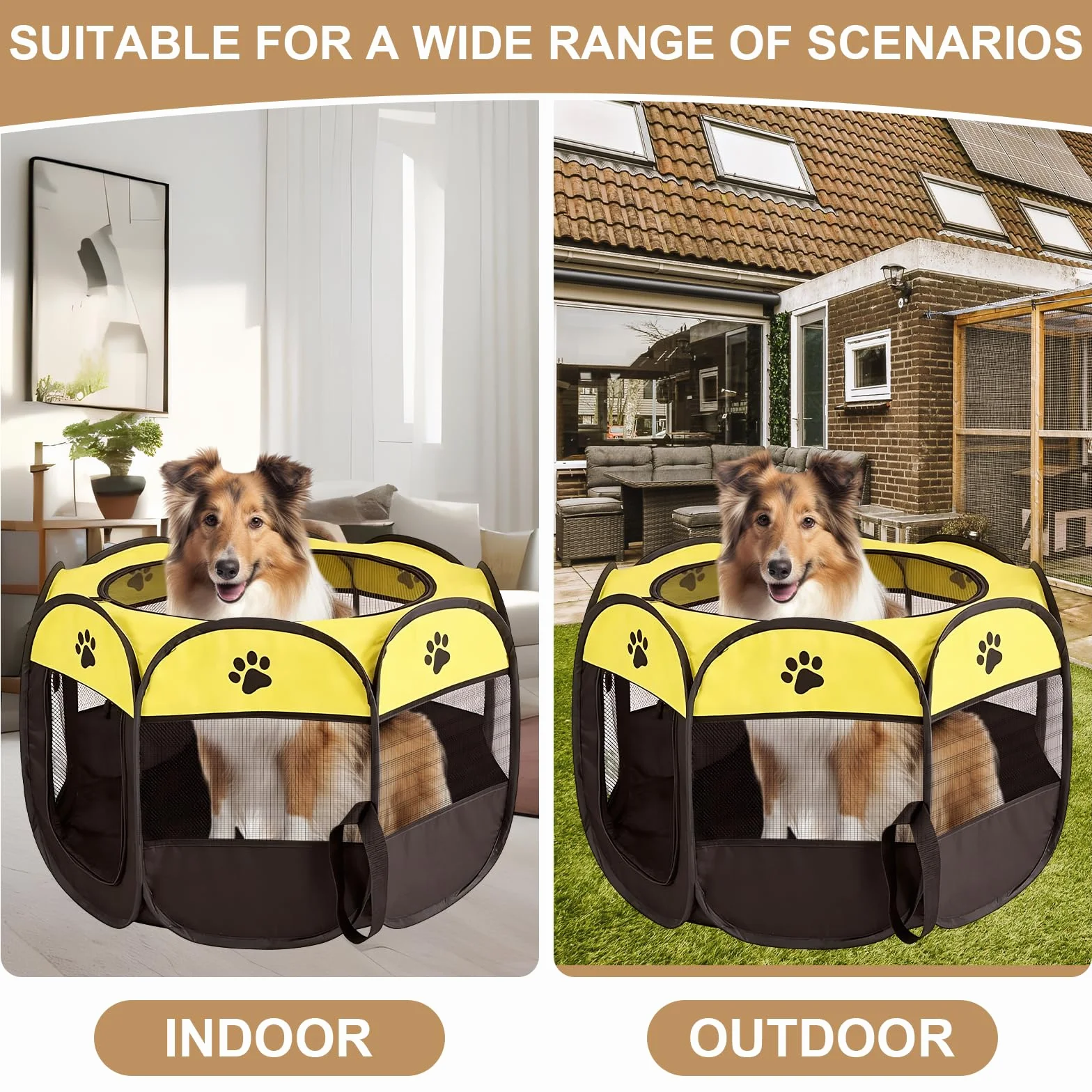 Recinto per Cani da Interno, Portatile Box Cani per Interno ed Esterni, Box Pieghevole per Cane e Gatti, Kennel Cane Piccolo, Gabbia per Gatto, Cucciolo Conigli, 74 x 74 x 43 cm (Giallo)