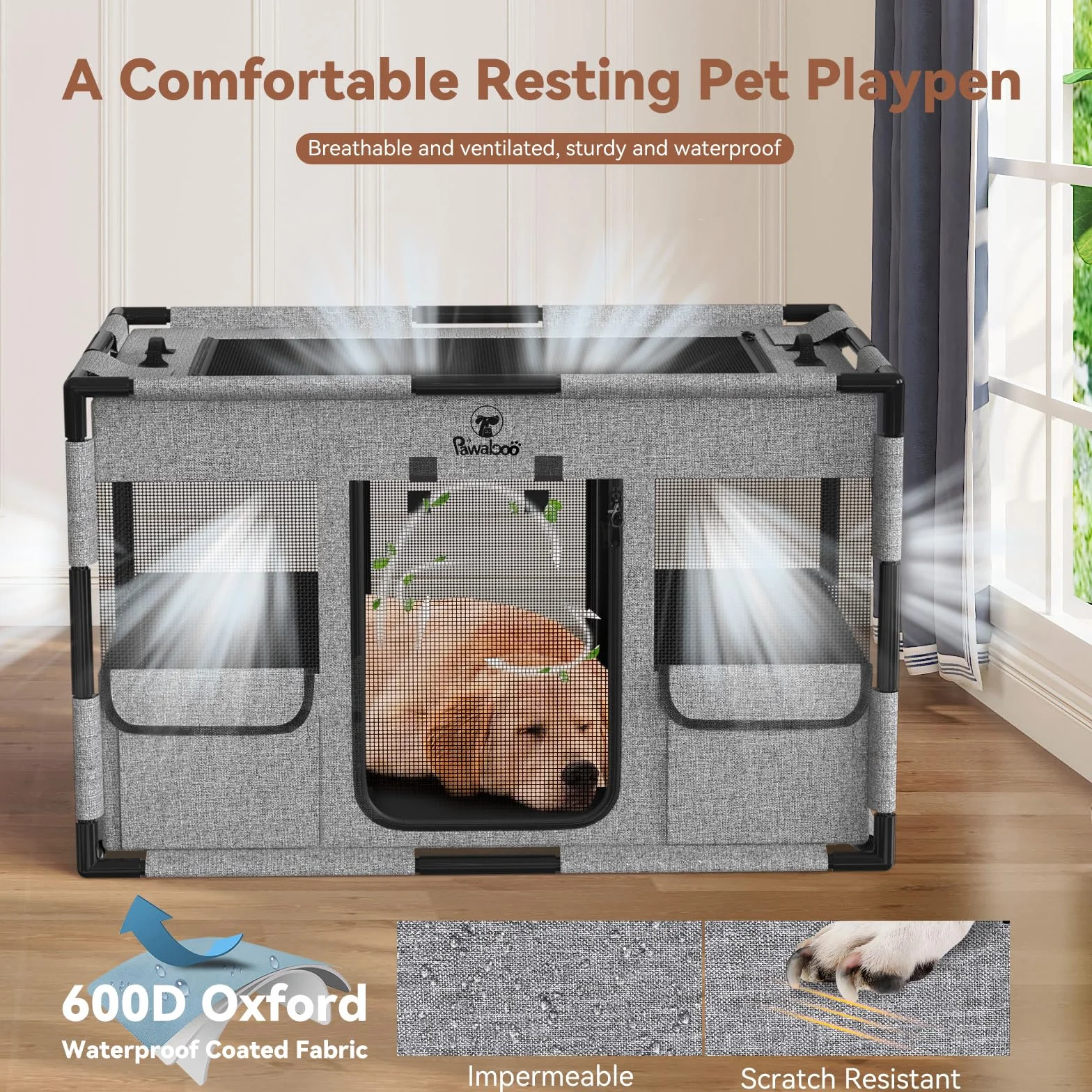 Pawabo Recinto per Cani con Copertura e Cancello, L, Nero & Grigio