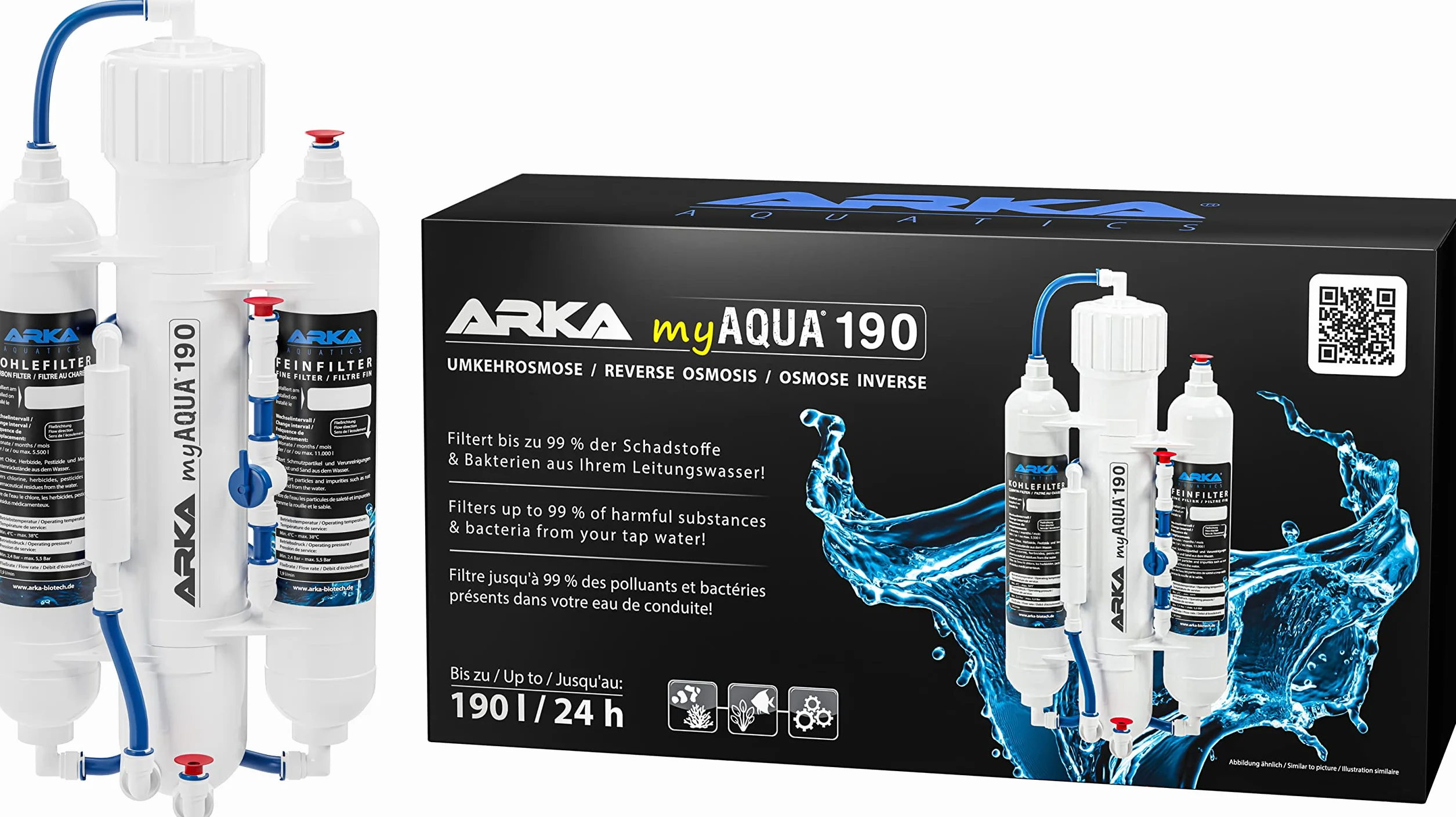 Impianto osmosi inversa acquario – ARKA myAQUA 190 – rimuove 99 % sostanze nocive, sali e batteri – 190 l/giorno filtro acqua e addolcitore – installazione facile – set completo casa e acquario