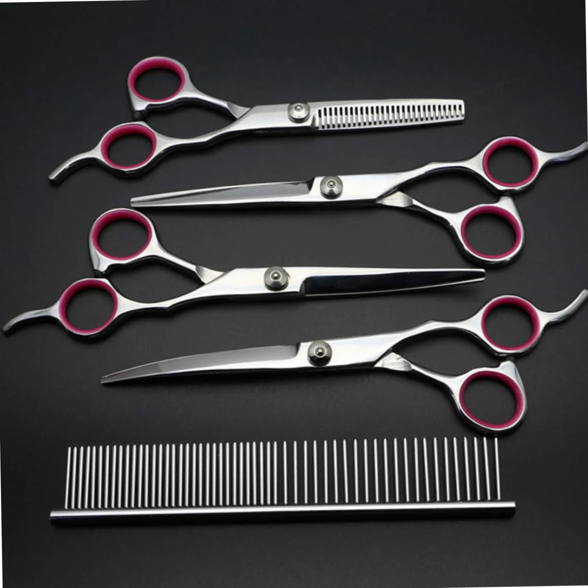 Set Forbici Toelettatura Animali 7 Pollici, 5 Pezzi in Acciaio | Lama Non Smussata, Argento, Include Pettine Dentato e 4 Varianti Curvo, Curvo Giù, Dritto