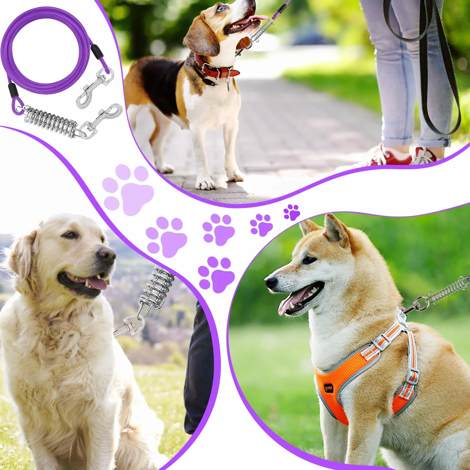 Cavo di Sicurezza per Cani, 3m Resistente Guinzaglio in Metallo per Animali Domestici, Lungo Cavo per Cani di Media e Grande, Guinzaglio per Cane per Cortile Campeggio