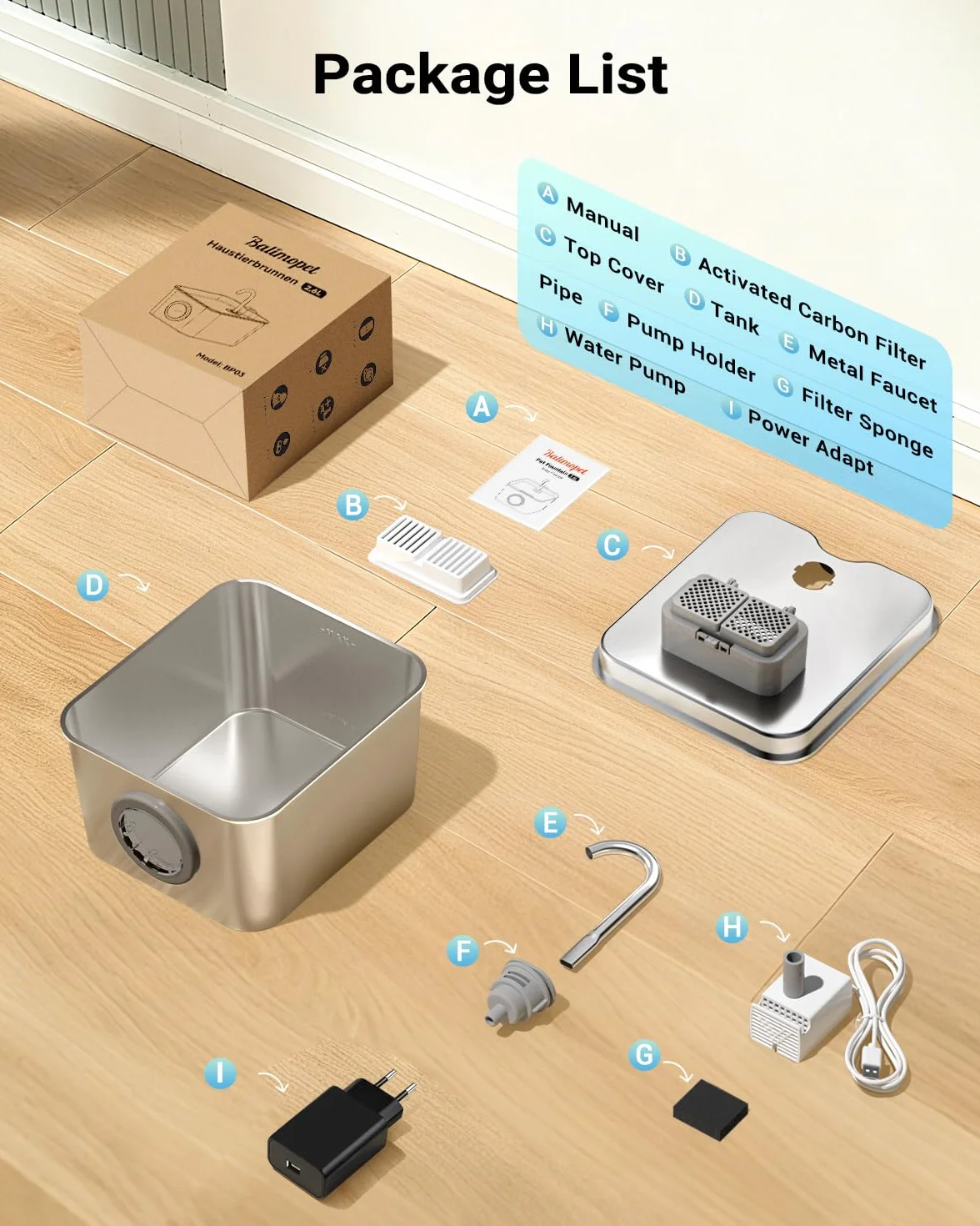 Fontanella per Gatti Acciaio Inox: 2,6L Fontana per Gatti, Ultra Silenzioso, Quadruplo Filtrazione, Cavo Automatico Fontanella Gatto con Rubinetto 3 Filtri e 3 Spugne LED, Facile da Pulire