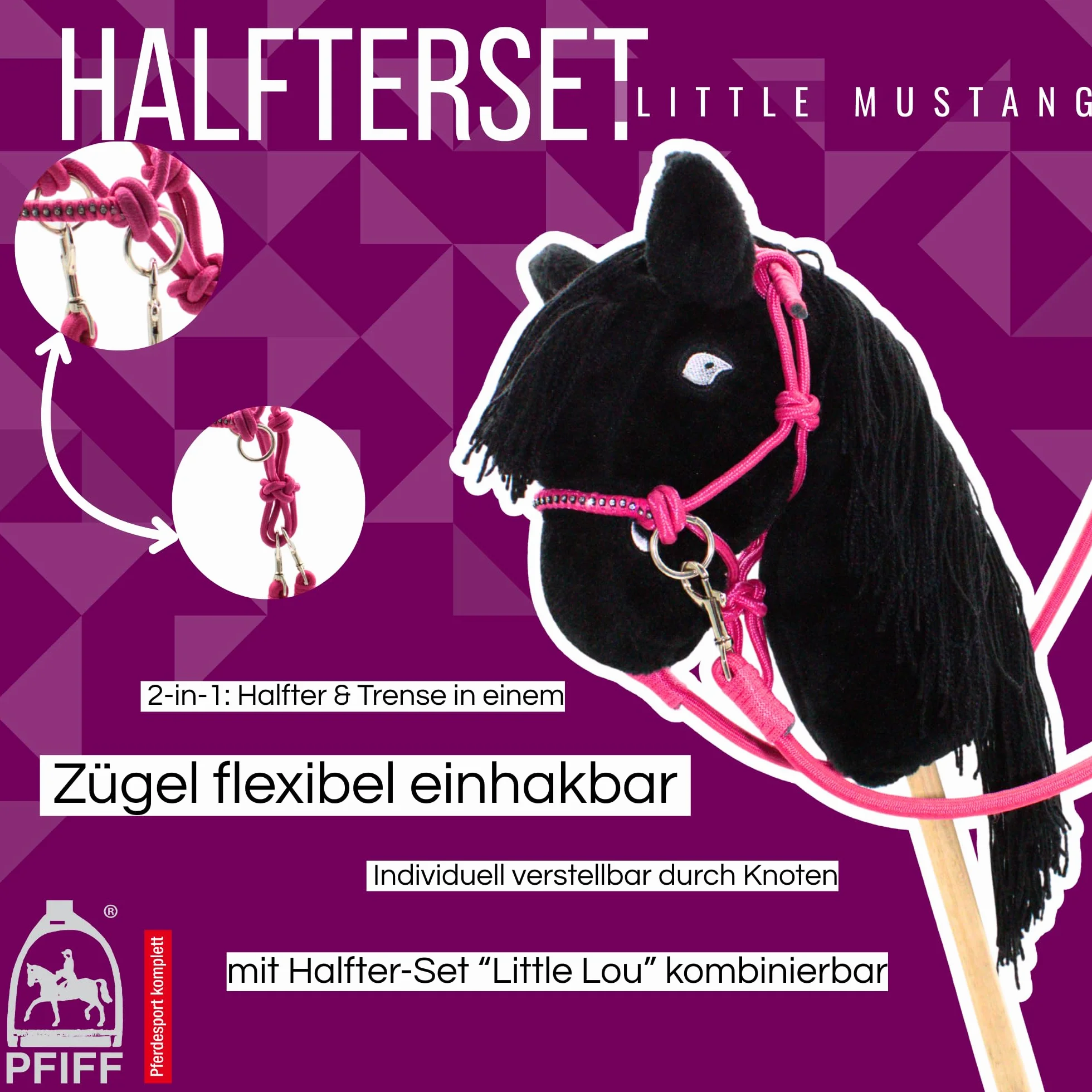 PFIFF Hobby Horse 103130 - Set di Cavezza Little Mustang, Cavezza con redini, Set di Cavezza Regolabile con Pietre Glitterate, Colore: Turchese