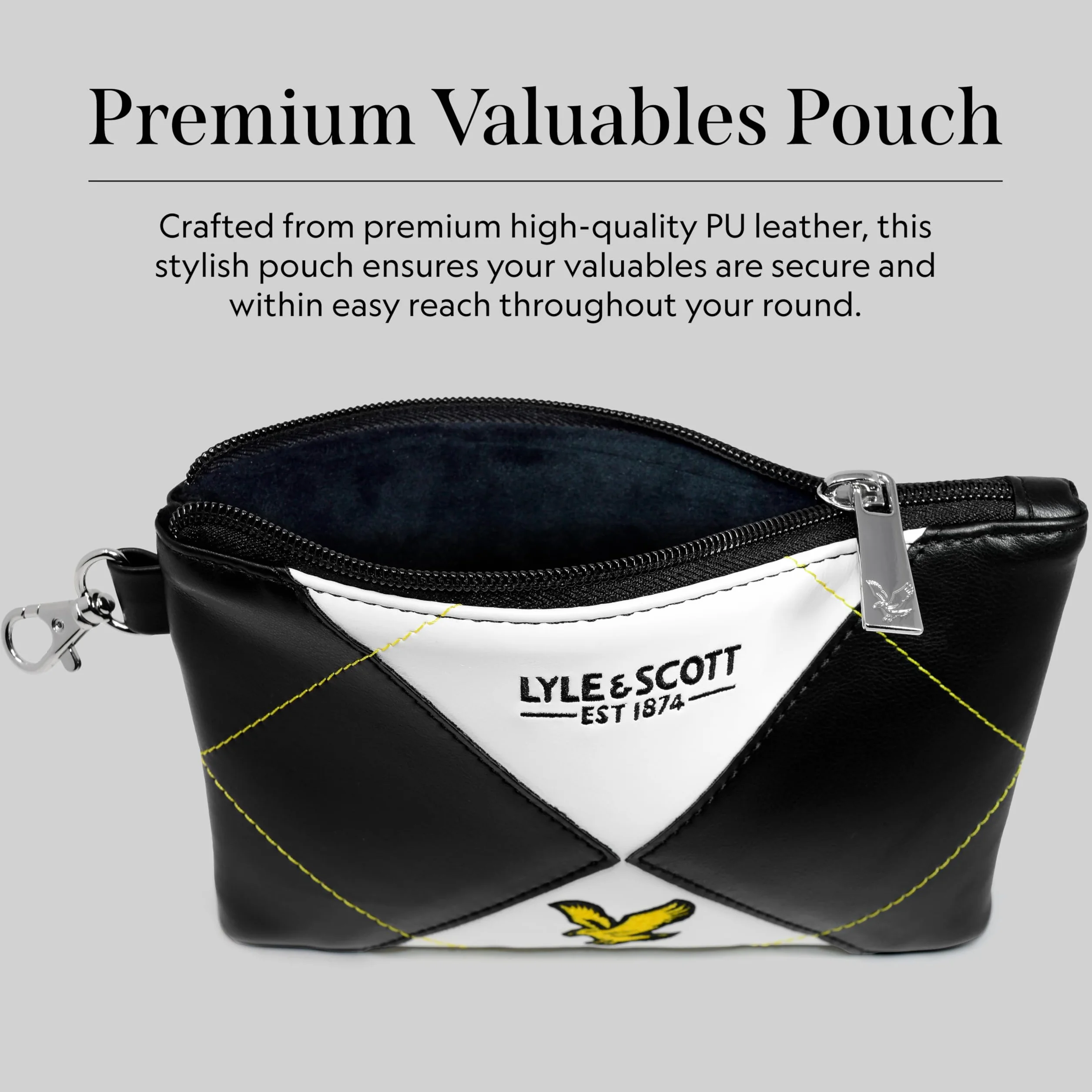 Lyle & Scott Argyle Premium Valuables Pouch - Portafoglio in pelle con cerniera per carte e marcatore palline da 32 mm