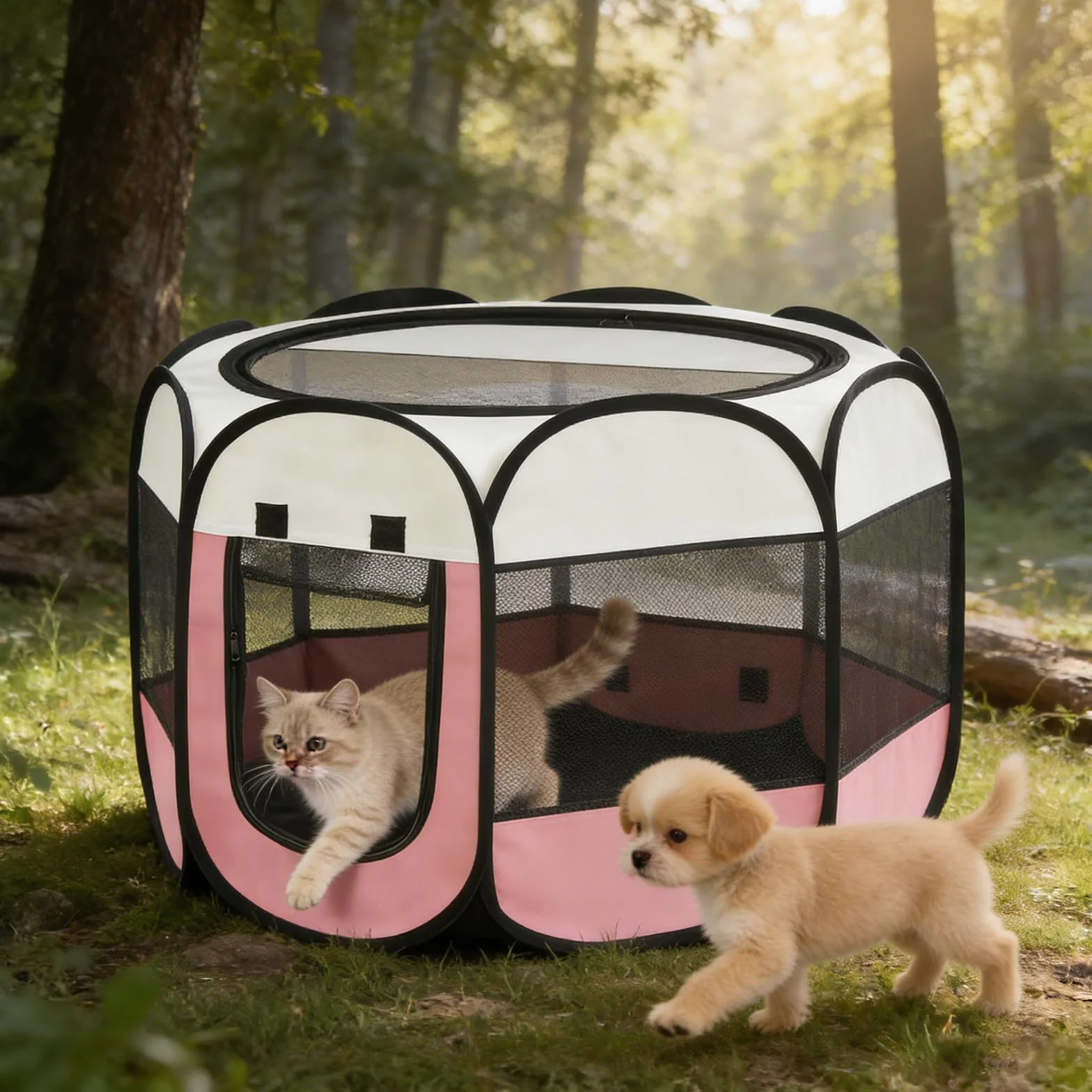 Recinto per Cani da Interno, 74x74x43cm Gabbia per Gatti recinto per conigli da interno kennel cane piccolo Box Pieghevole per Cane, Gabbia per Gatto Esterno (rosa + bianco crema, 74x74x43cm)