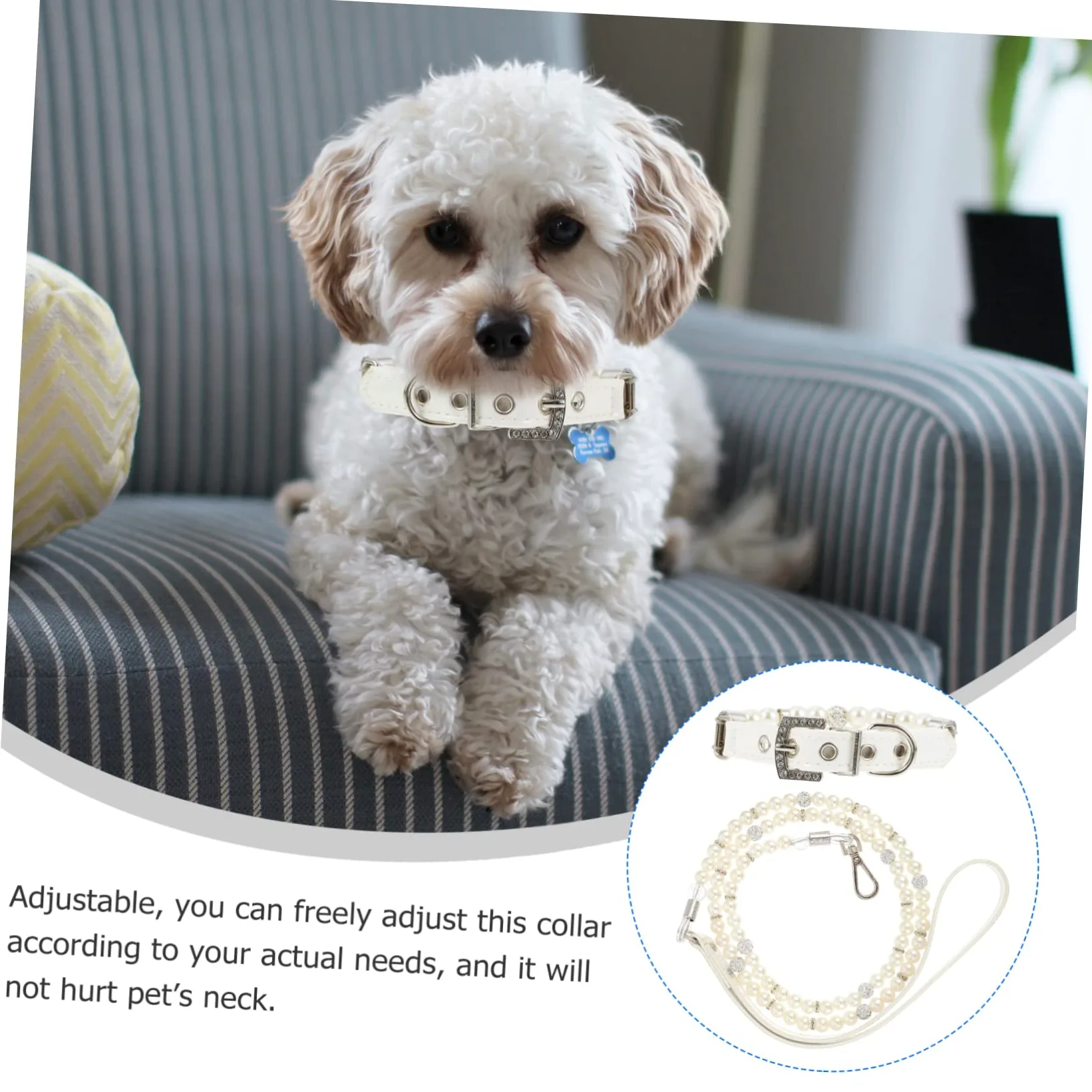 Collare e Guinzaglio Cane Perle Finte Bianco in Pelle PU 2 Pezzi | Regolabile e Staccabile, per Cuccioli e Cani Piccoli, per Addestramento, Feste, Matrimoni e Foto, Bianco