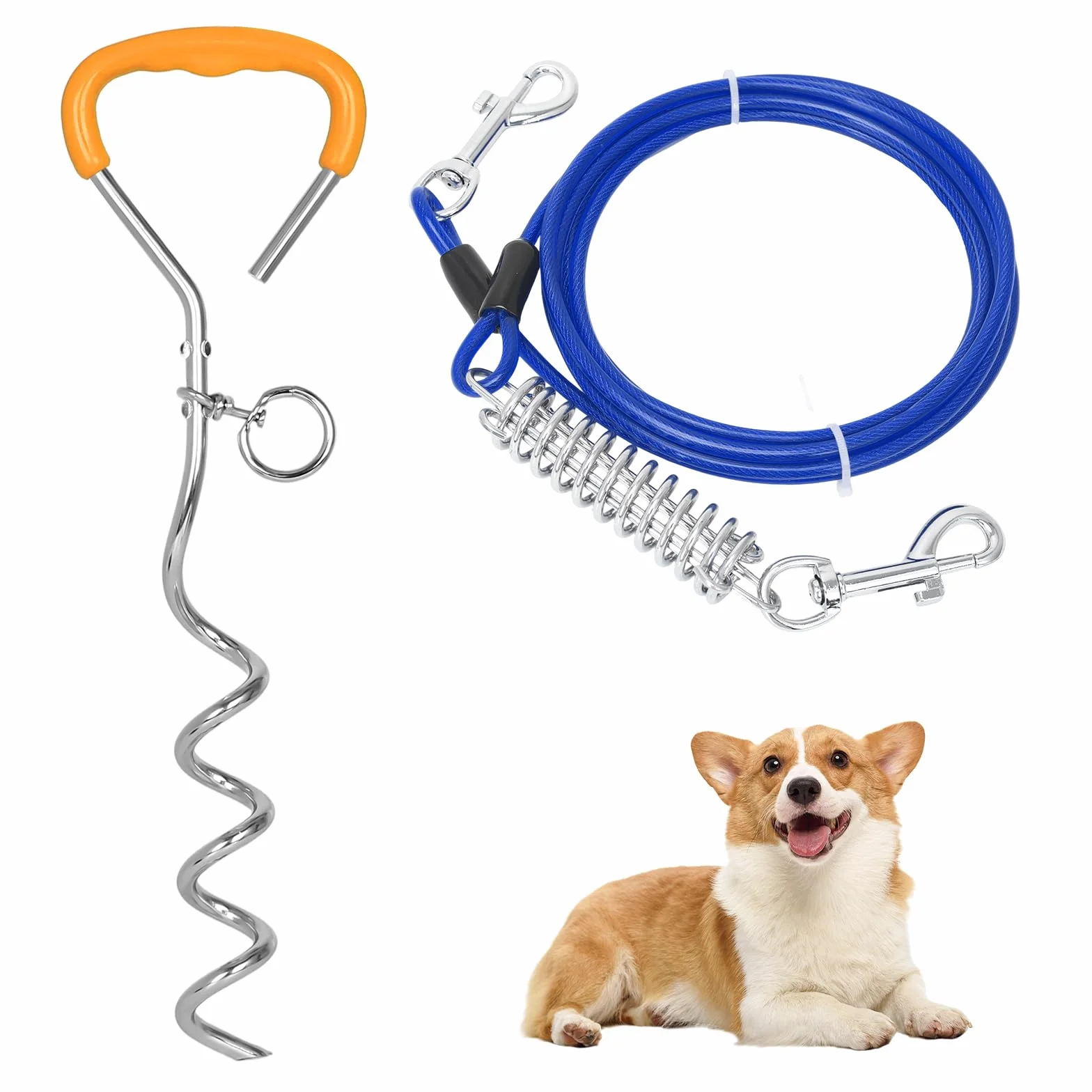 Cavo e paletto per cani, lunghezza 42 cm, diametro 9 mm, corda da addestramento per cani da 3 m con gancio girevole e molla ammortizzante, picchetti solidi per terra, per campeggio all'aperto in