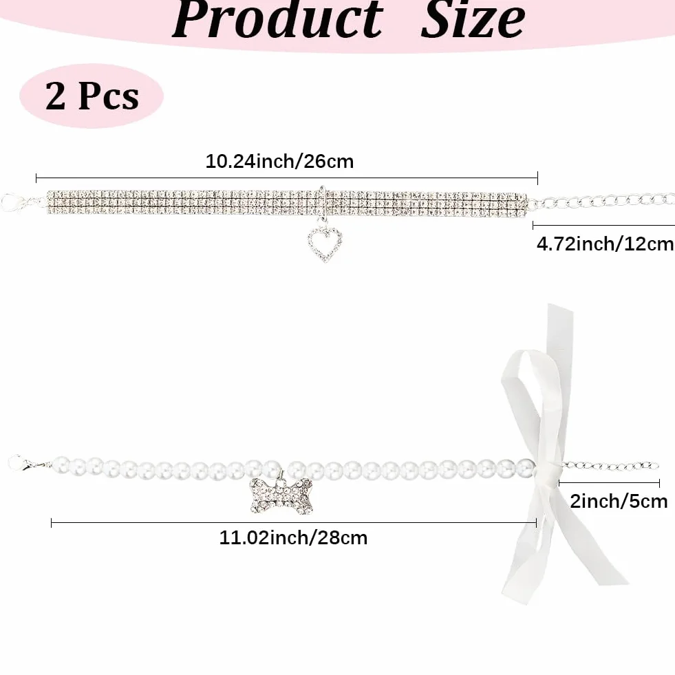 CREATCABIN Collana per Cani Strass Bling Regolabile Fiocco Bianco Perle Finte Ciondolo Collari per Gatti Cucciolo 28cm 25.8cm
