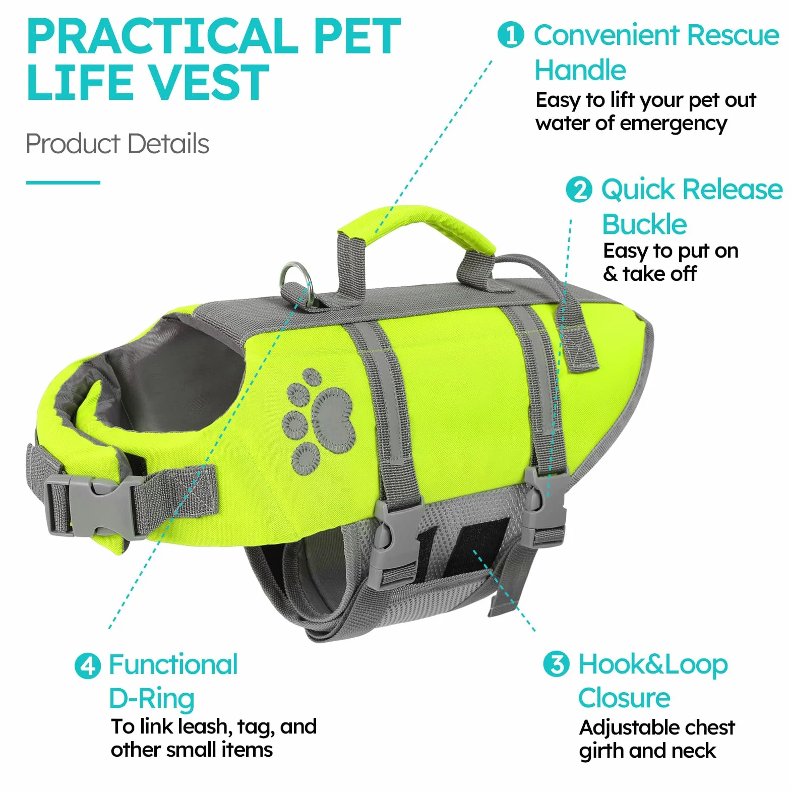 Queenmore Salvagente Cane Taglia Piccola Regolabile Riflettente Per Cani Piccoli Nuotare Kayak Paddleboarding (S, Verde)