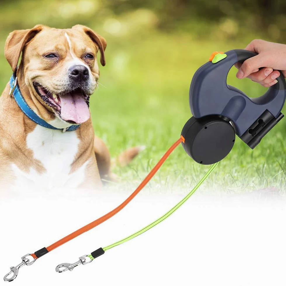 Guinzaglio Doppio Retrattile per Cani con Luce LED, Antigroviglio | Cinturino in riflettente, adatto per passeggiate notturne, per due animali domestici, girevole a 360°, comando ind
