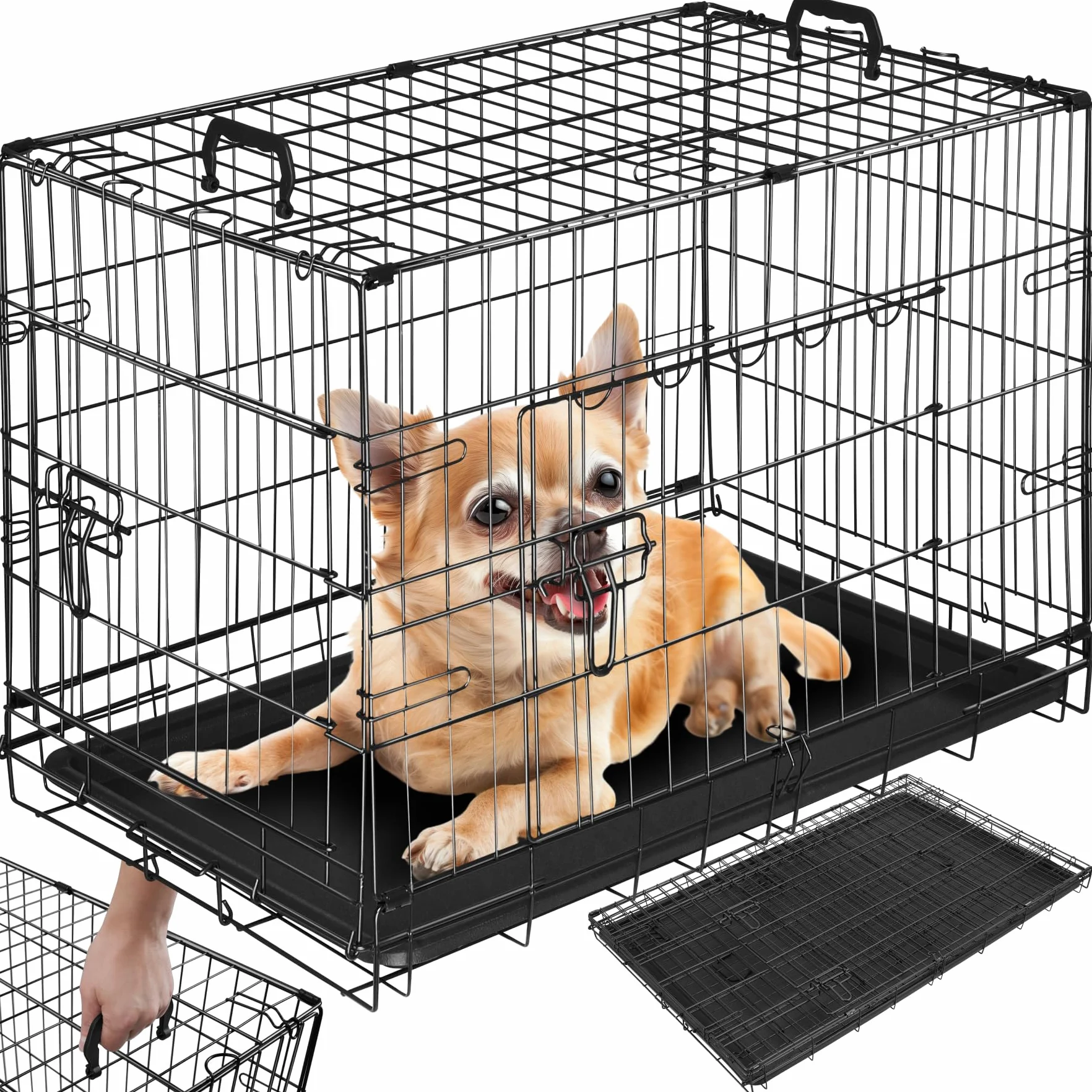 tectake® Trasportino Auto per Cani Spazioso, 78x48x52,5cm, Gabbia per cani con Griglia in Acciaio Robusta, per Gatti, Pieghevole, 2 Porte, Doppia Chiusura, Vasca Rimovibile, 2 Maniglie per Trasporto
