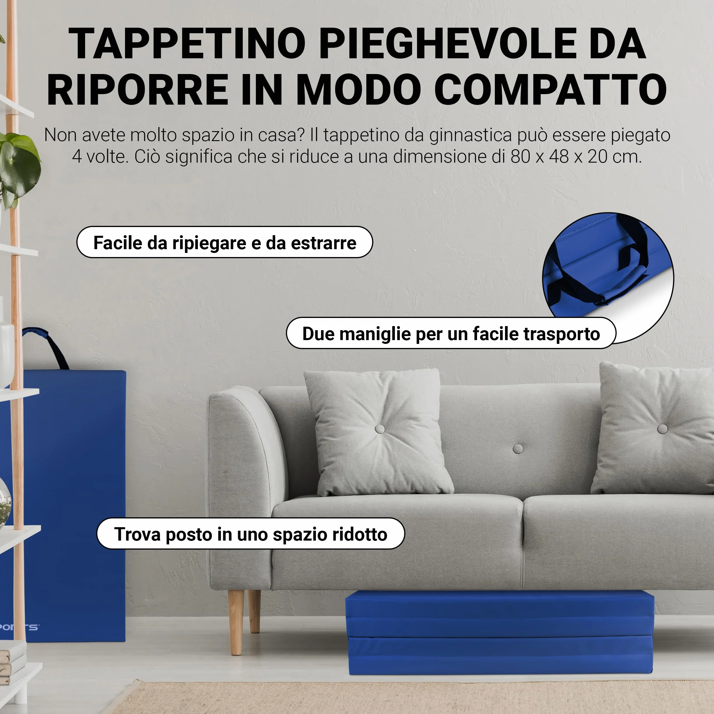 MSPORTS Tappetino da ginnastica di alta qualità, pieghevole, per pavimenti morbidi, 190 x 80 x 5 cm, per la casa, i bambini, gli adulti