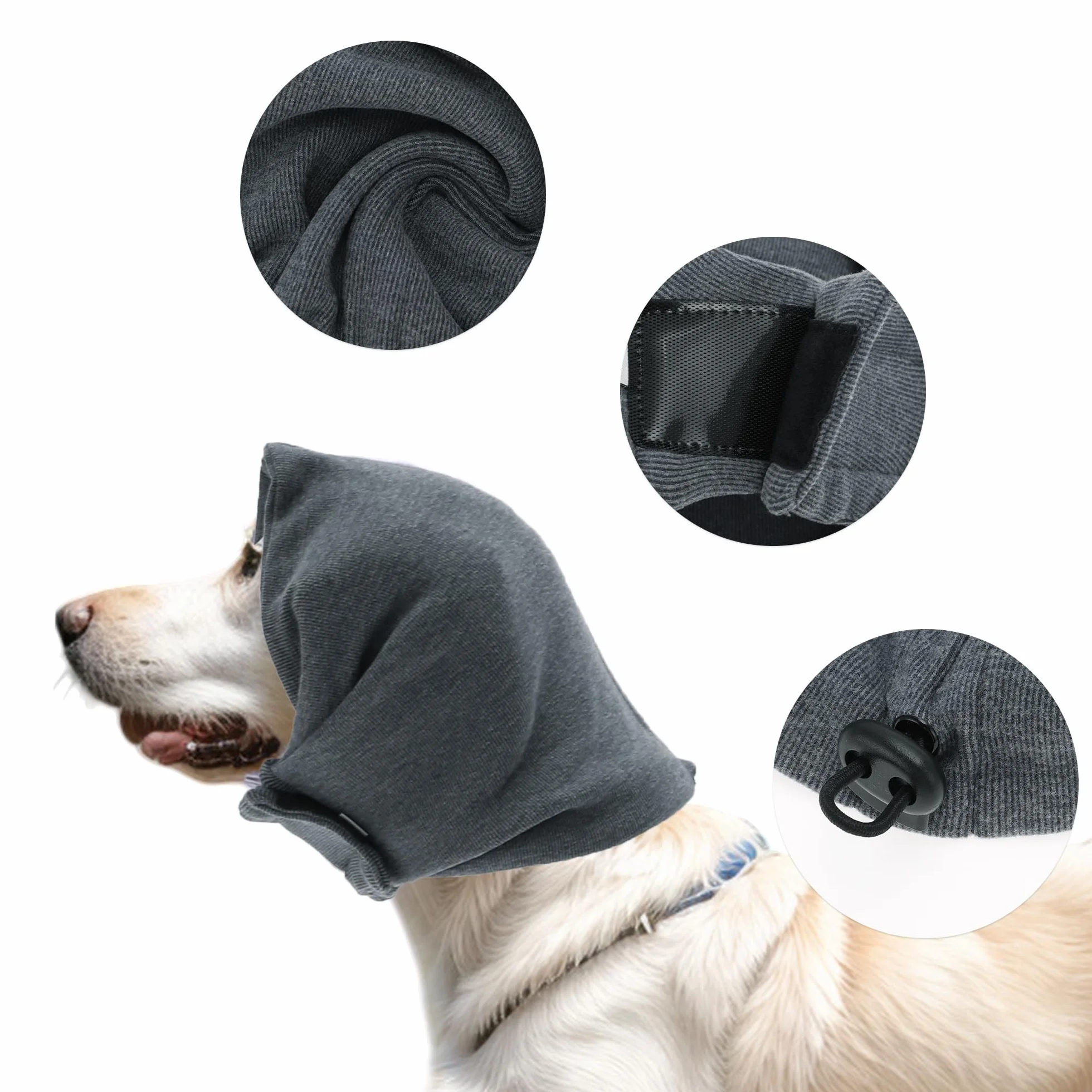 Cappuccio calmante per cani regolabile con nastri magici protezione orecchie toelettatura grigio