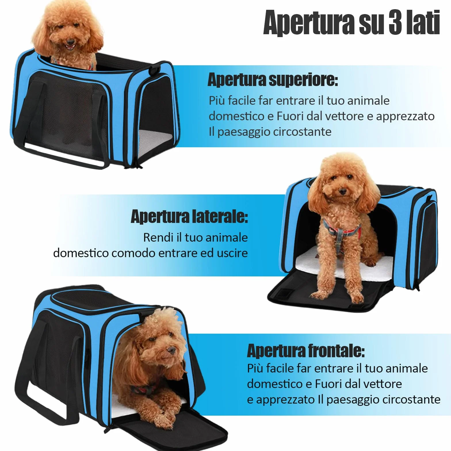 Trasportino per Cani e Gatti, Gabbietta per Animali Domestici, Tappetino Lavabile Rimovibile, con Tracolla, Borsa Ripiegabile Viaggio Sull' Aereo (Blu) L 50 x B 34 x H 34 cm