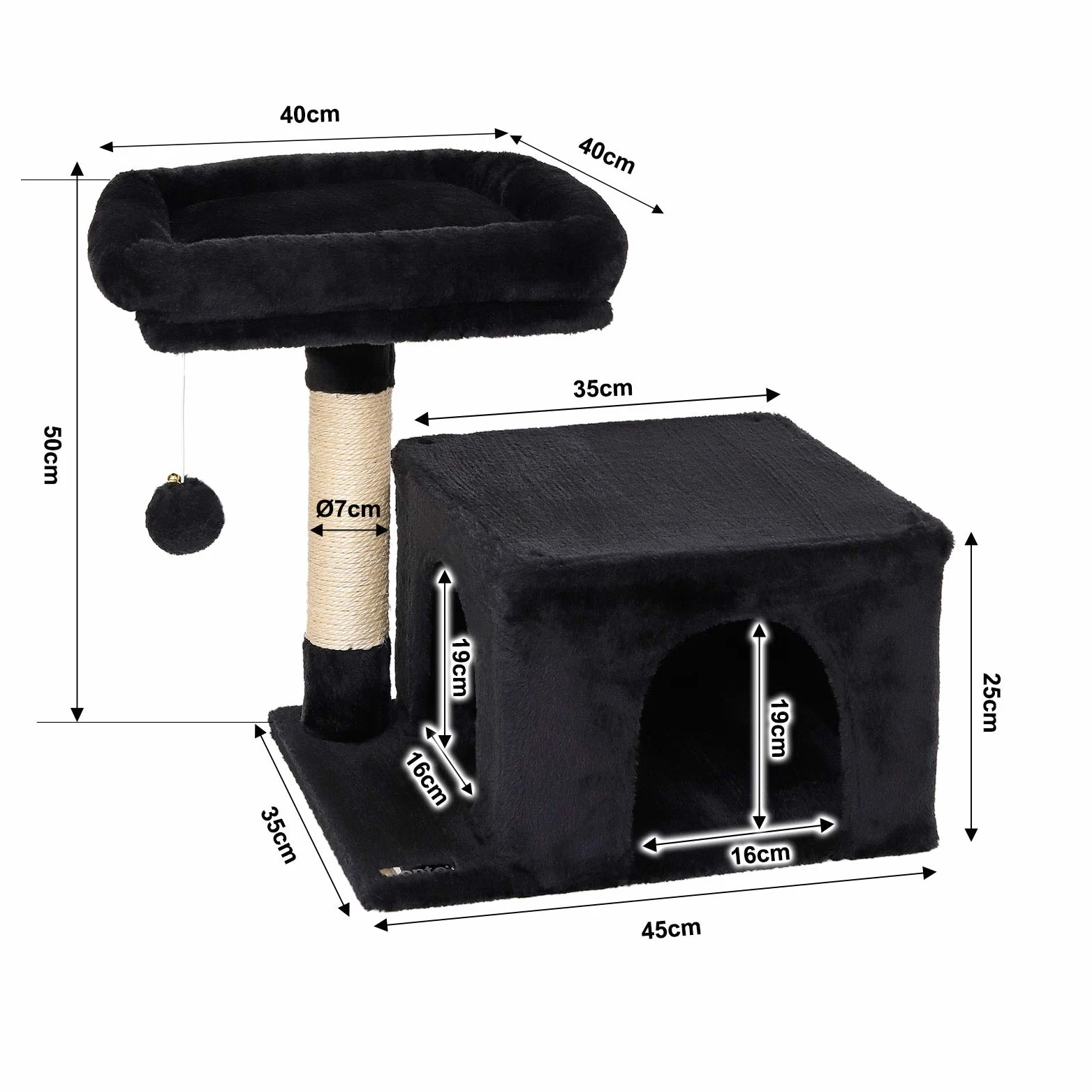 lionto Tiragraffi con Piattaforma, Grotta e Sisal, 50 cm, Nero | Tiragraffi piccolo per gatti con piattaforme, colonne in sisal ed elementi gioco per arrampicarsi, giocare e curare le unghie
