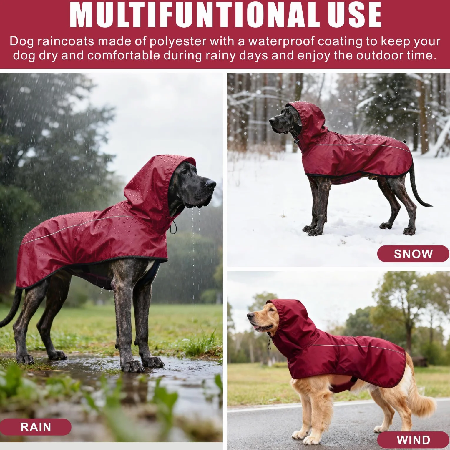 Giacca da Impermeabile per Cani Cappuccio Riflettente Cappuccio da Pioggia per Animali Domestici Poncho con Vestiti per Cani Piccoli e Medi (Rosso, S)