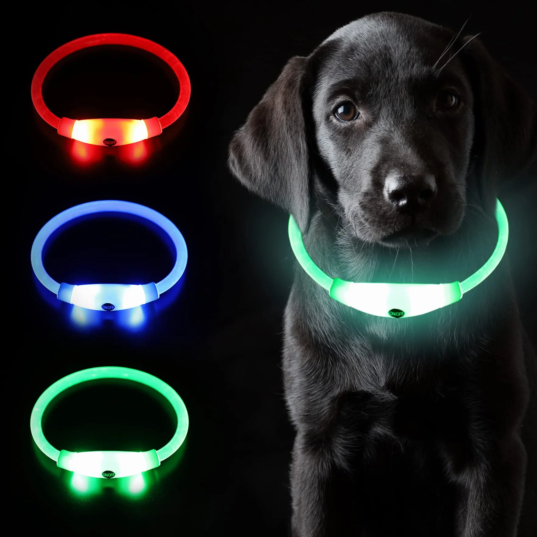 Coolzon Collare Luminoso per Cani 3 Colori Cambiano, USB Ricaricabile Impermeabile, Tagliabile LED Regolabile Adatto per Cani Gatti Taglia Piccola Media Grande