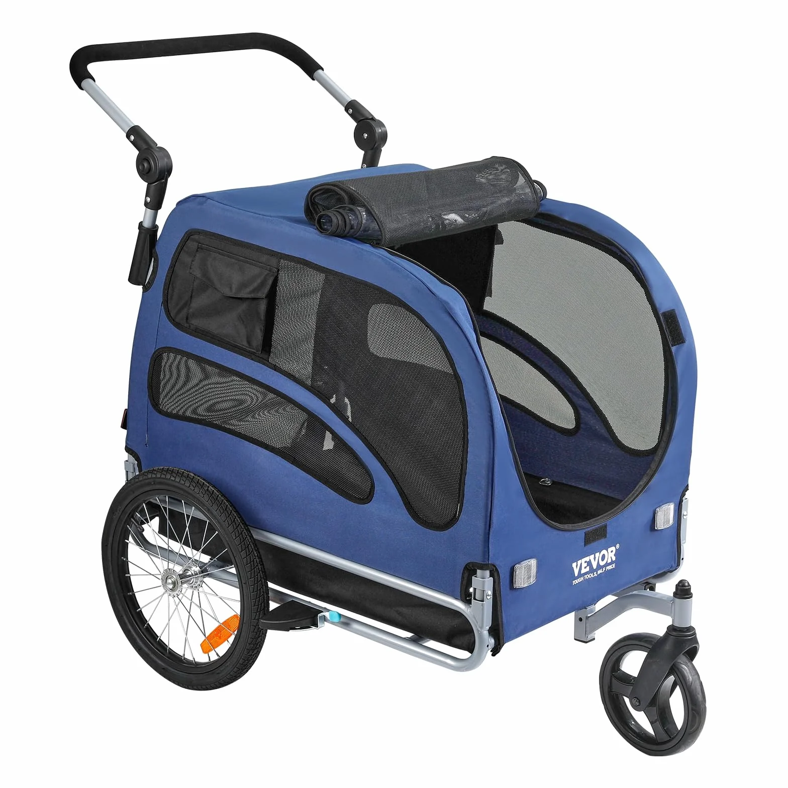 VEVOR Rimorchio Bici per Cani Pieghevole Portata max. 45kg Passeggino per Animali Domestici con Ruote a Sgancio Rapido, Attacco Universale, Carrello per Bici Traino Rimorchio per Animali Nero/Blu