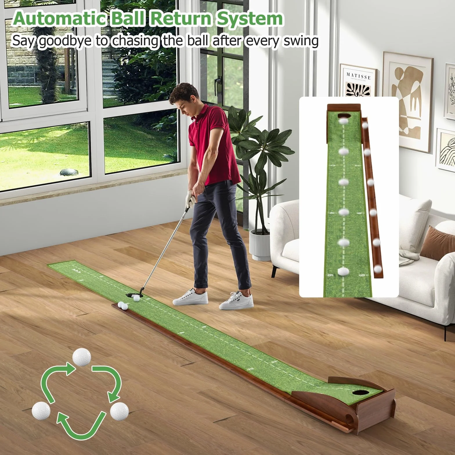 LIFEZEAL Golf Putting Matte, tappetino da golf con fori, tappetino portatile da golf con ritorno automatico, attrezzatura da golf con 3 palline, tappetino da golf per interni ed esterni (1 foro)