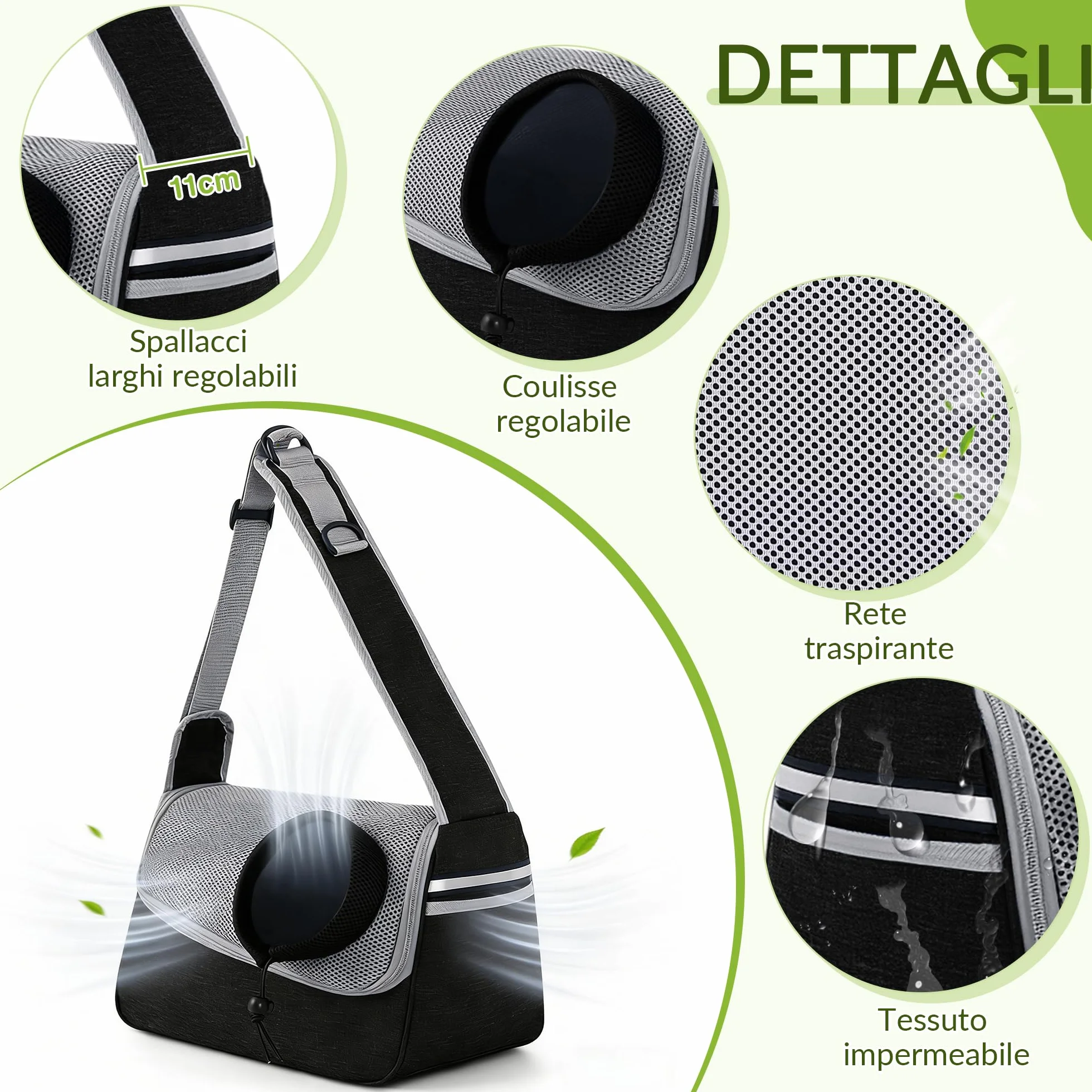 ALLSOPETS Borsa per Cani Piccoli e Gatti, Marsupio Traspirante con Tracolla Regolabile e Tasca Laterale, Trasportino da Viaggio Grigio Nero